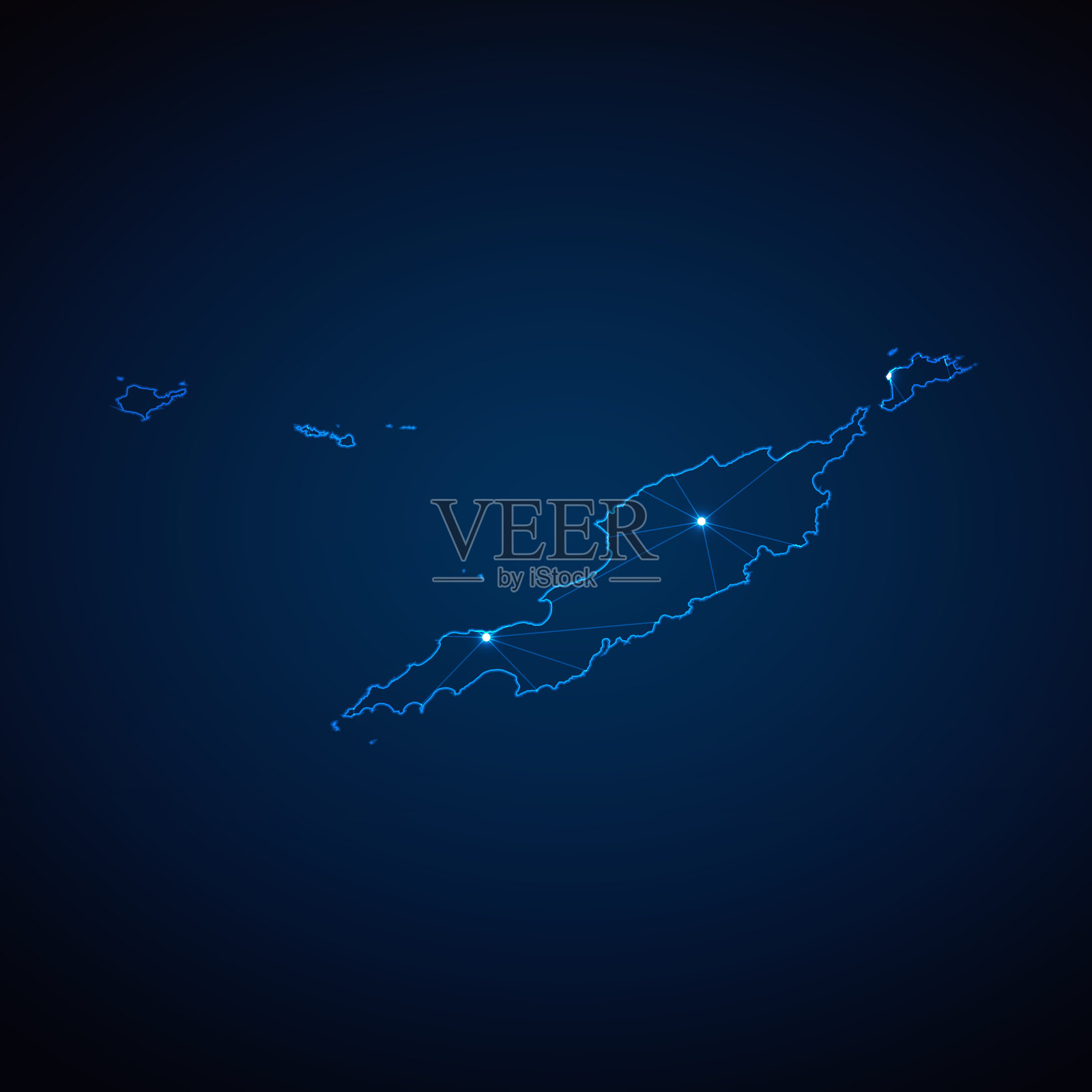 安圭拉的抽象线框网格多边形地图，在深蓝色背景上以城市的形式呈现灯光。矢量图EPS10插画图片素材