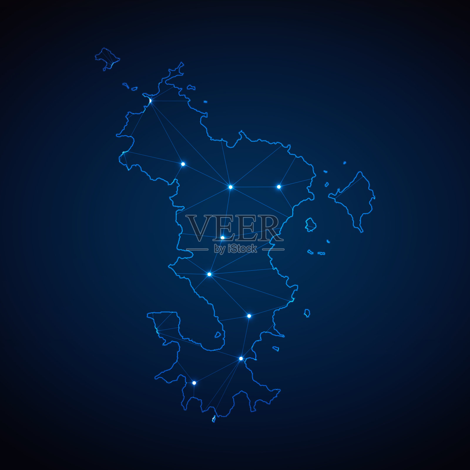 马约特的抽象线框网格多边形地图，在深蓝色背景上以城市的形式呈现灯光。矢量图EPS10插画图片素材