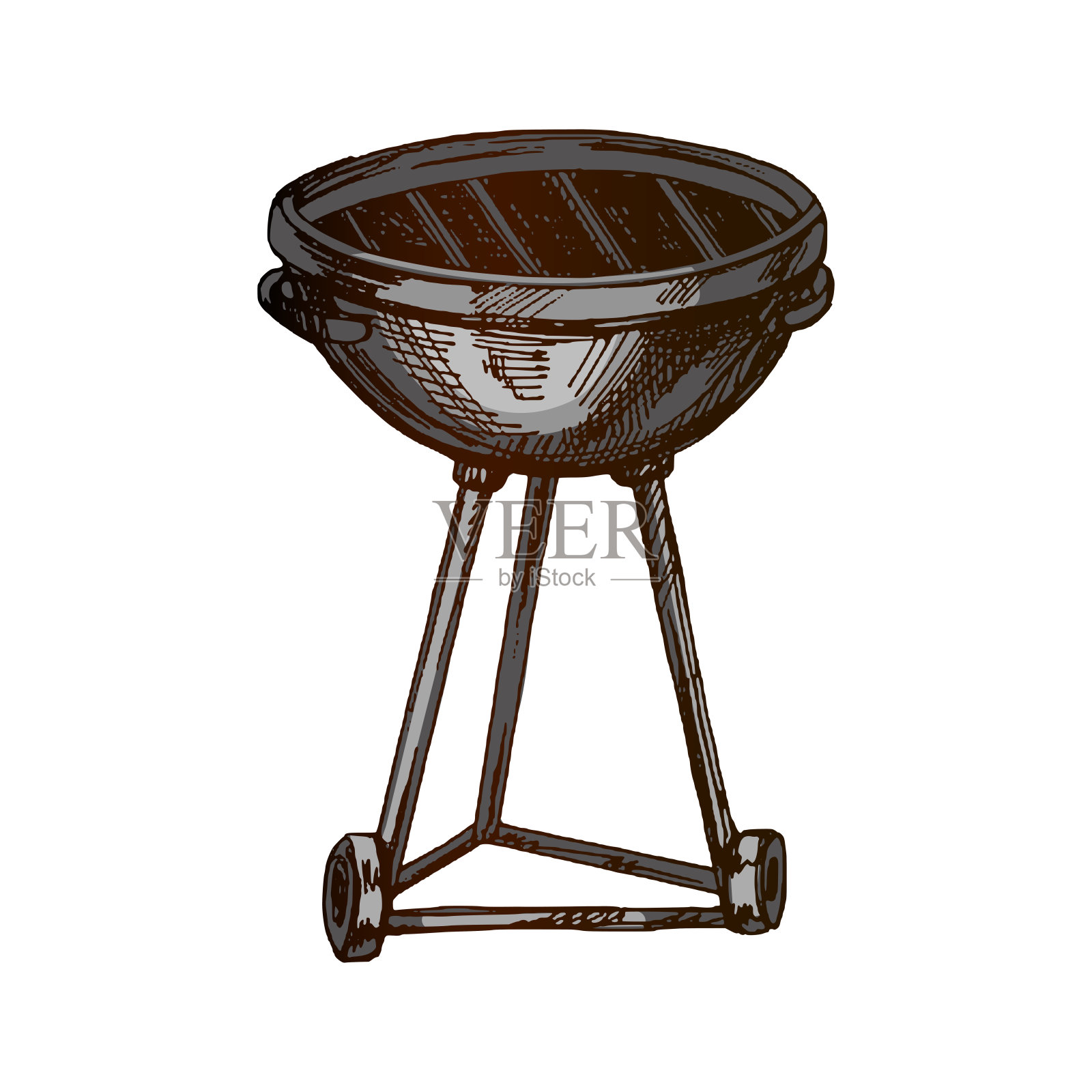 手绘矢量彩色素描烧烤架和柴火在白色的背景。涂鸦复古插图。咖啡馆菜单和标签的装饰。雕刻的形象。插画图片素材