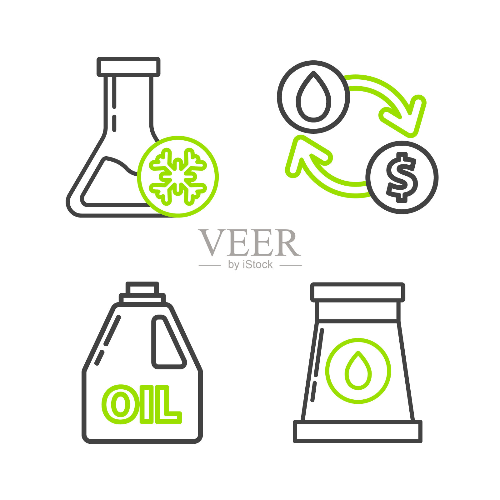 石油天然气工业工厂、机油罐、交换、输水、转换和防冻液试管图标矢量图插画图片素材