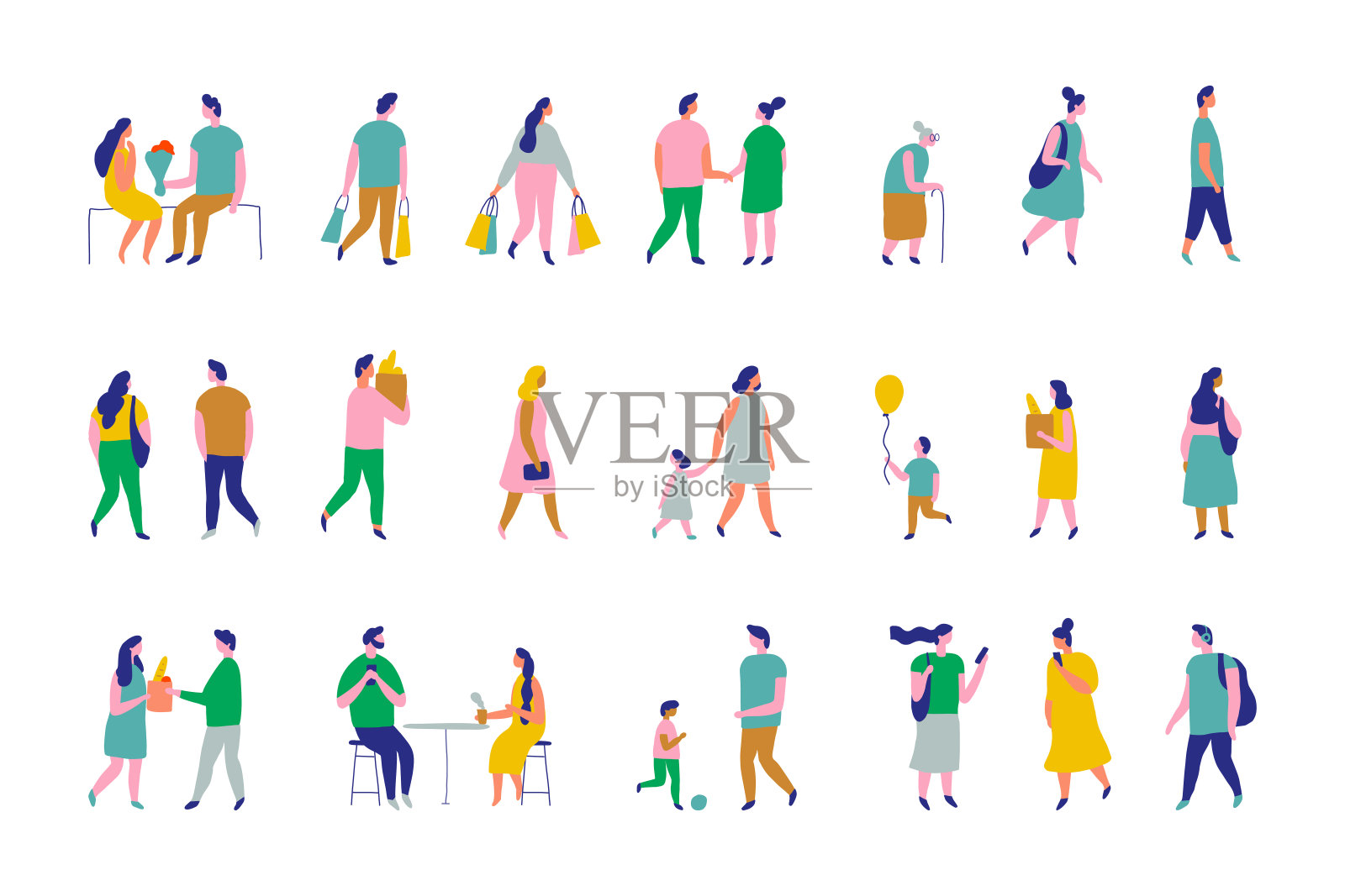 背景人物剪影平面矢量集。人的人群。男人和女人，孩子们在户外散步插画图片素材