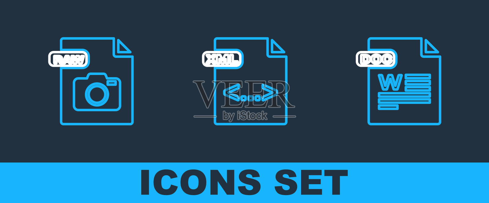 设置行DOC文件文档，RAW和XML图标。向量插画图片素材