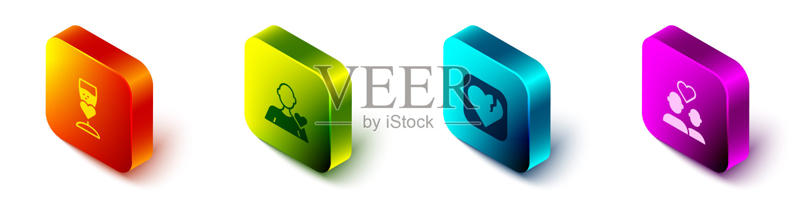 设定等距玻璃香槟，浪漫的男人，破碎的心或离婚和情人夫妇的图标。向量插画图片素材