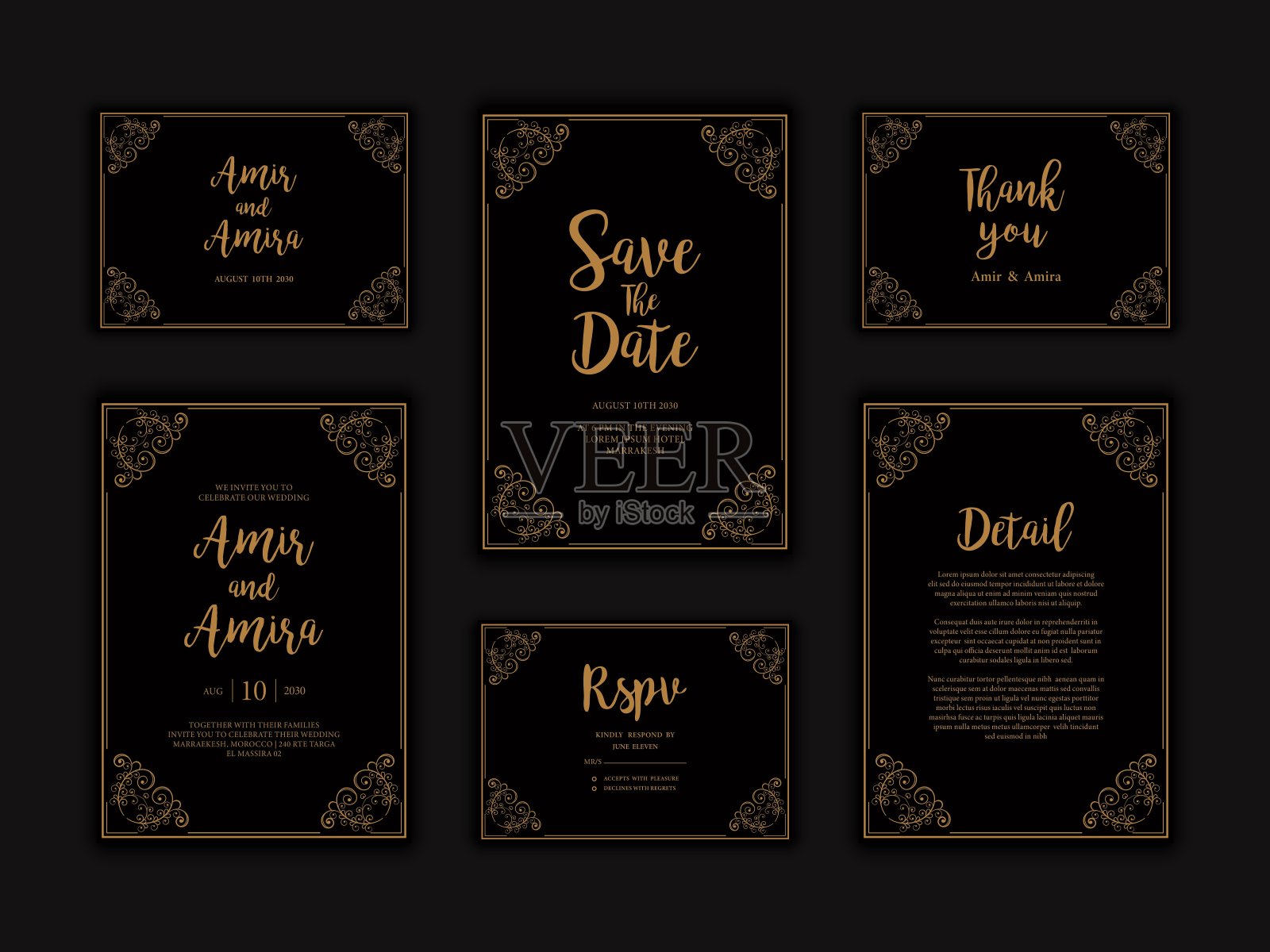 现代婚礼邀请卡模板与黄金框架插画图片素材