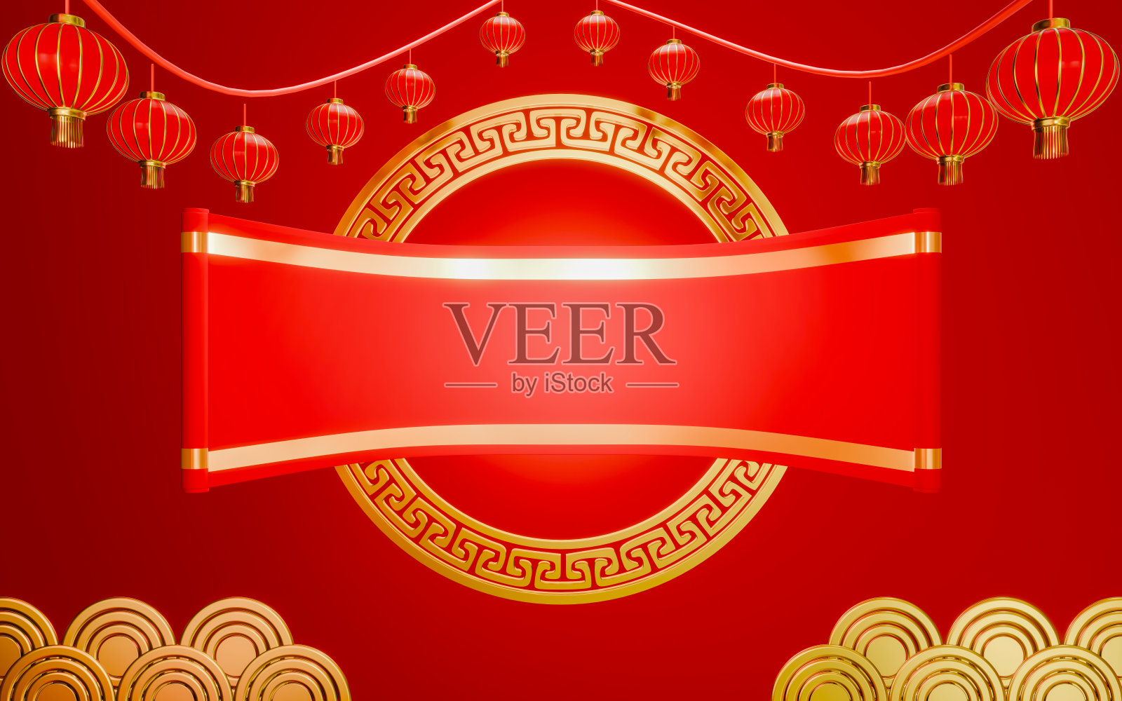 以农历新年为主题的背景或壁纸。中式灯笼，红色，金色镶边。金条花纹，中式花纹。三维渲染照片摄影图片