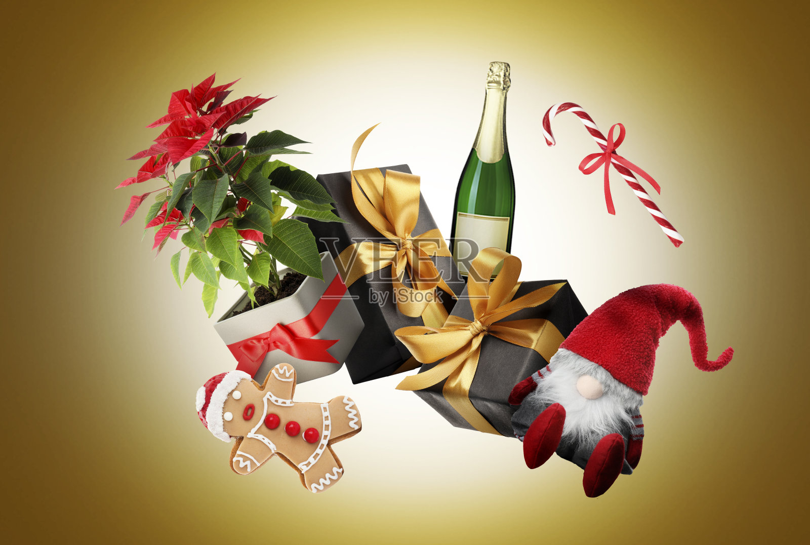 新年庆祝活动。不同的节日的东西在空气中金色的渐变背景照片摄影图片