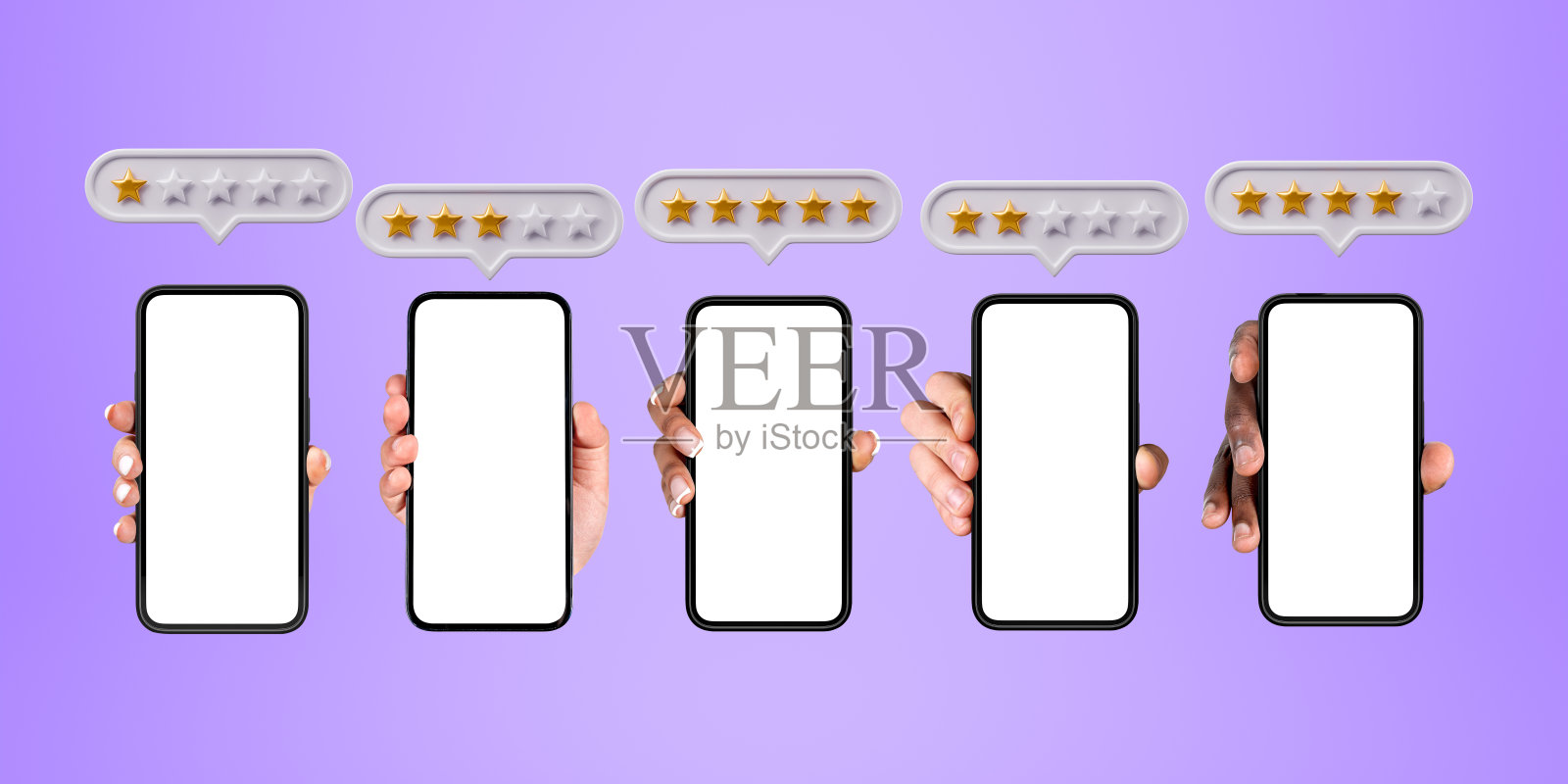 手拿模拟手机排，空屏幕和不同的反馈照片摄影图片