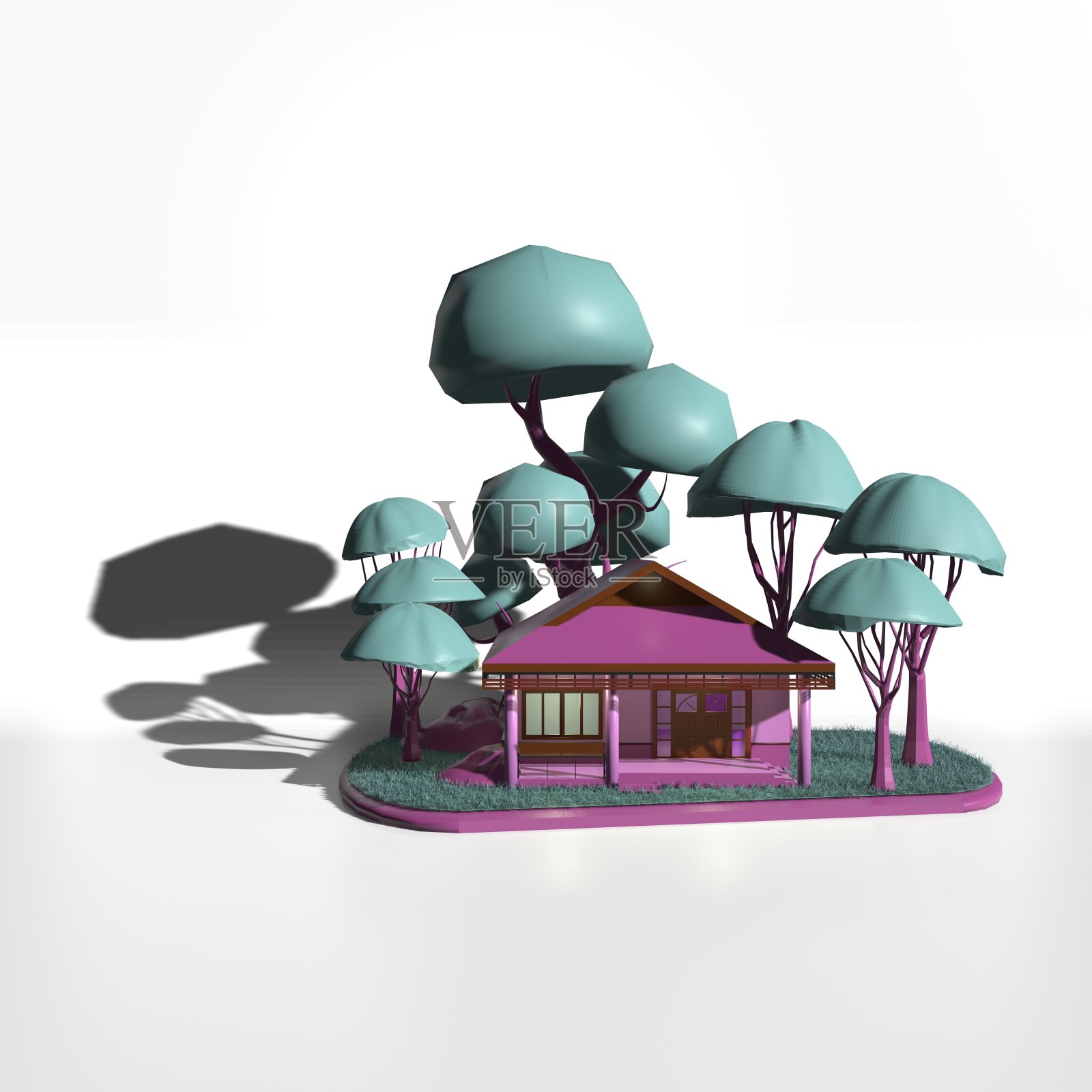 漂浮的房子3D渲染在紫色的阴影设计孤立的白色背景。照片摄影图片