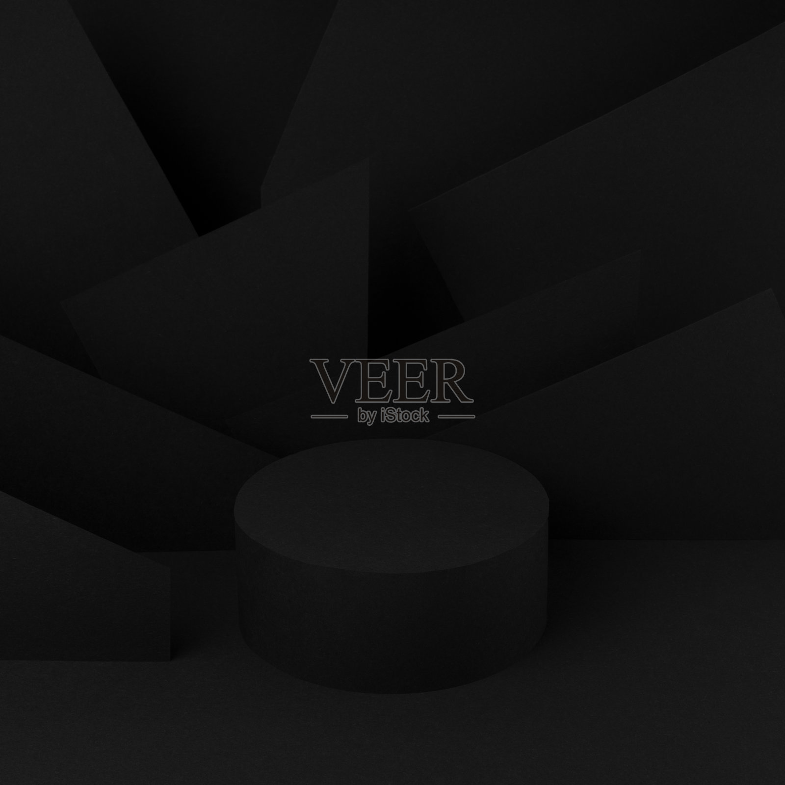 抽象的黑色场景用一个圆柱体讲台模板用角度、线条、角的图案呈现化妆品、商品、广告、设计。黑色舞台模板丰富的风格。照片摄影图片