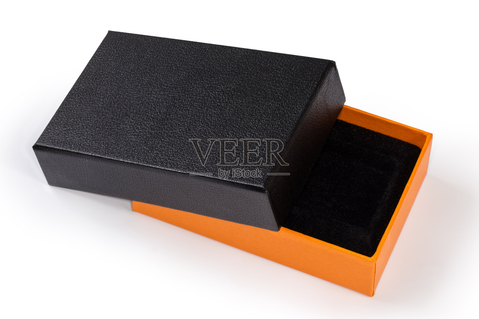 橙色小纸板箱，黑色盖子已部分去除照片摄影图片