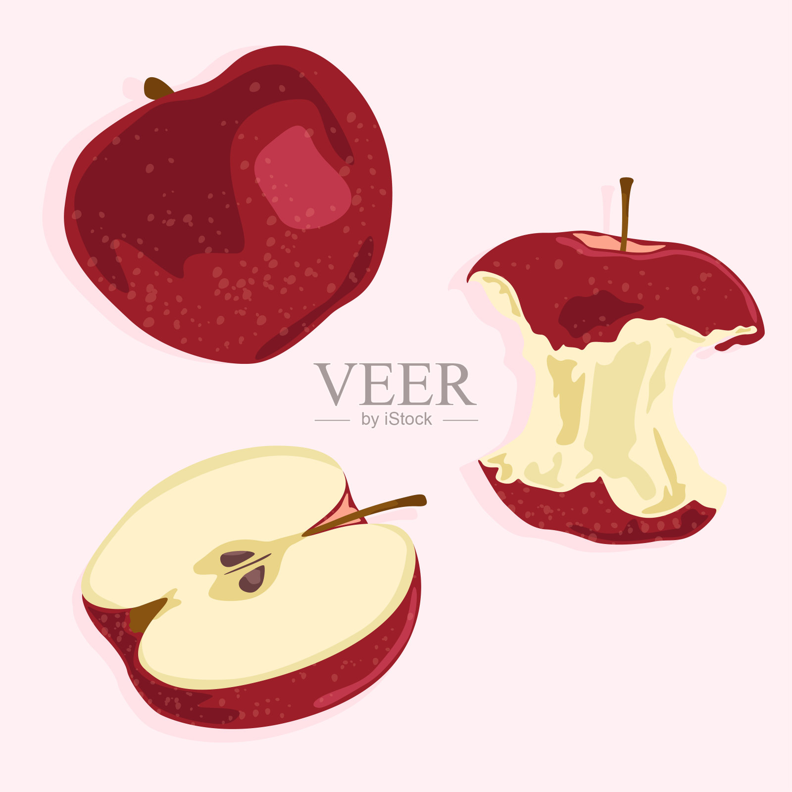 整个红苹果，切成两半，咬苹果。健康水果和天然产品。减肥食品。插画图片素材
