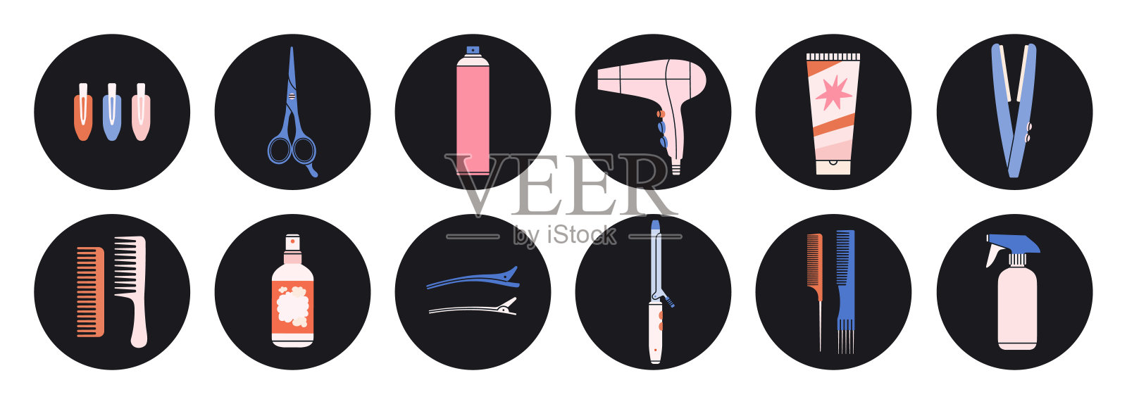 大套装与美发过程的属性-剪刀，梳子，发夹，卷发器等。插画图片素材