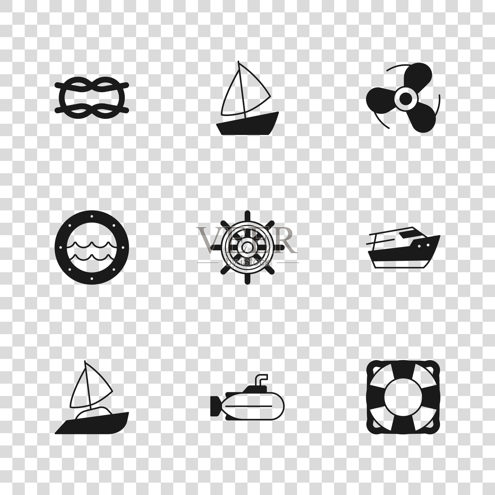 集潜艇，快艇，救生圈，船舶方向盘，船螺旋桨，海里结，游艇帆船和舷窗图标。向量插画图片素材