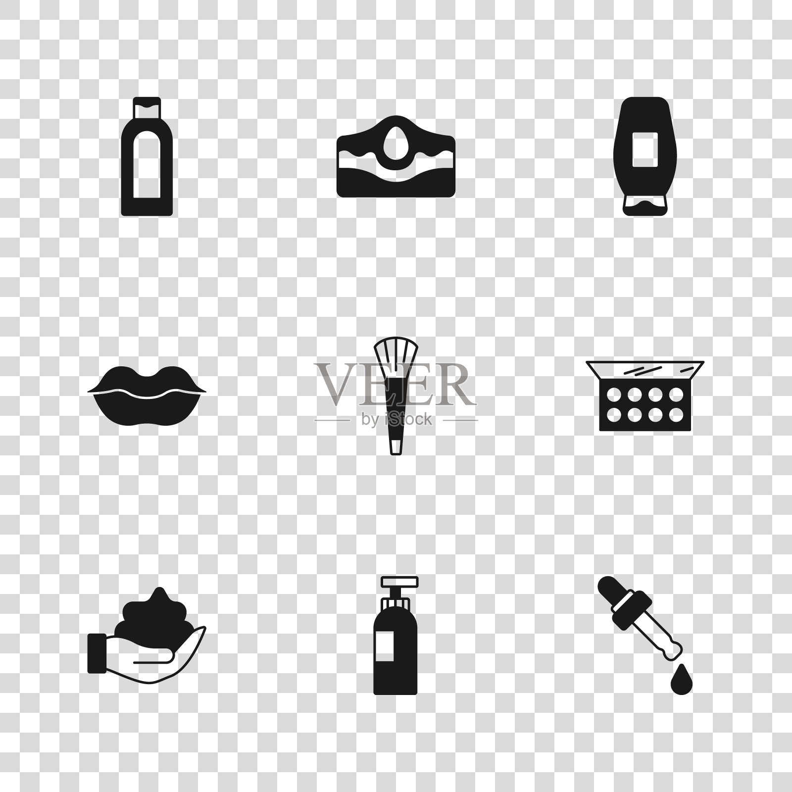 集瓶洗发水，化妆粉与镜子，移液油，刷，痤疮和微笑的嘴唇图标。向量插画图片素材