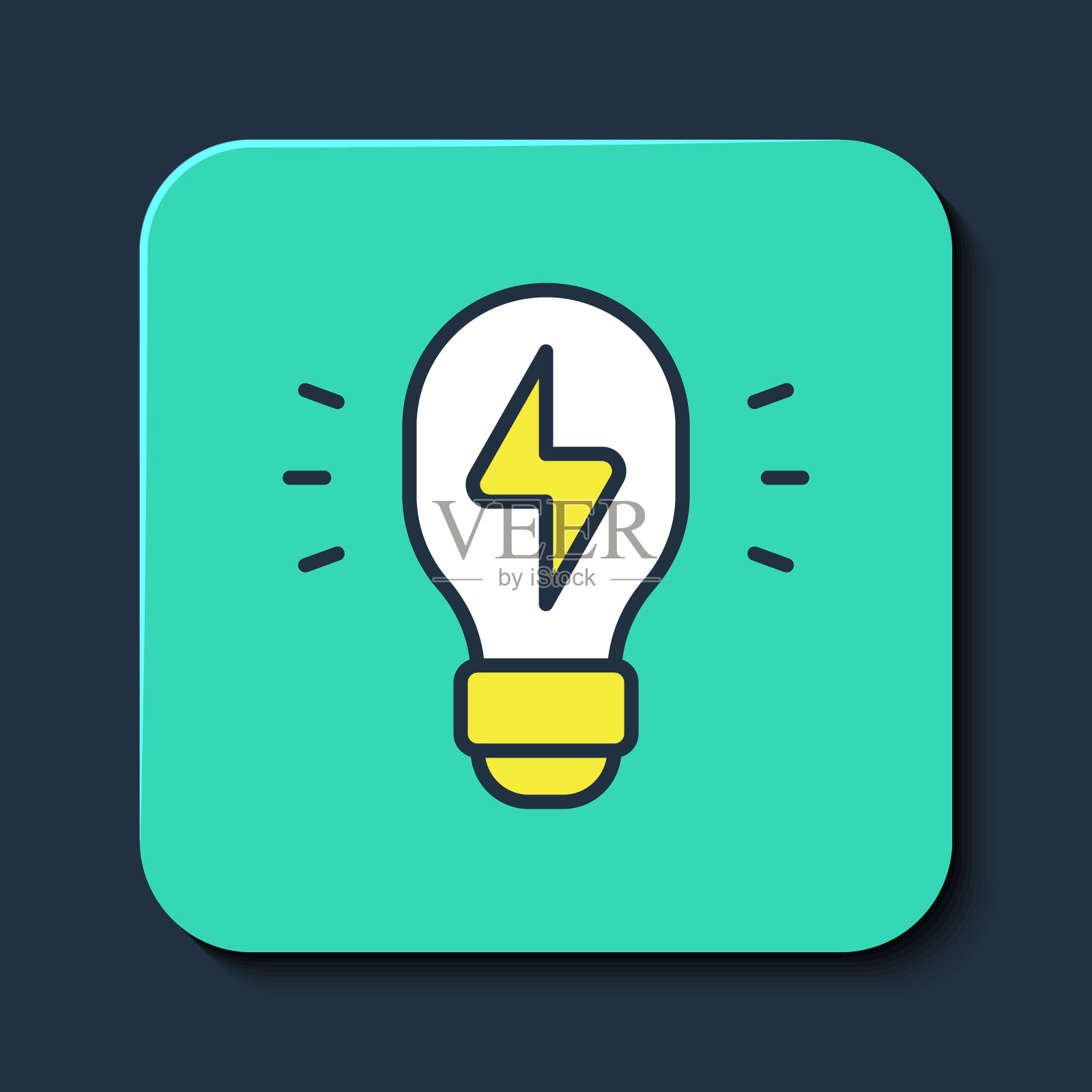 创意灯光的想法图标孤立的蓝色背景。概念启发思想，发明创造，有效思维，知识教育。绿松石方形纽扣。向量插画图片素材