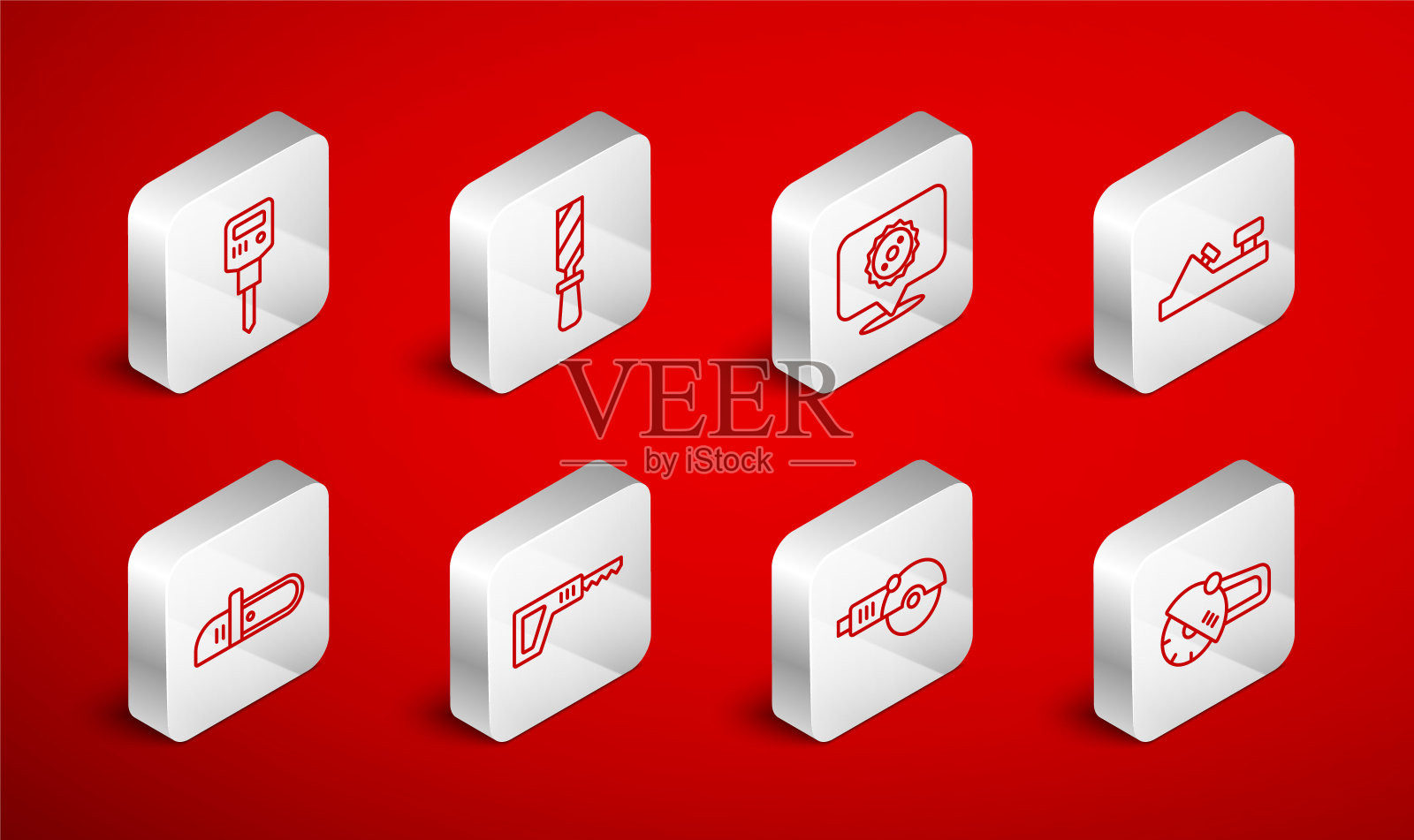 集线角磨床，锉刀金属文件，圆锯片，木材平面工具，施工手提钻，往复式和电锯图标。向量插画图片素材