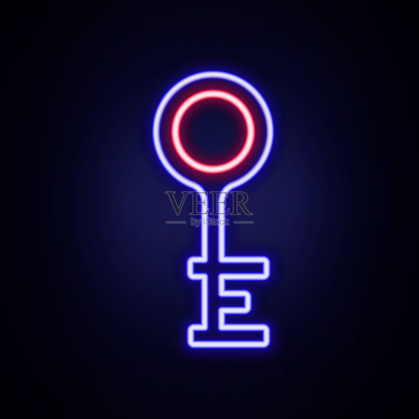 发光的霓虹灯线旧键图标孤立的砖墙背景。色彩缤纷的轮廓概念。向量插画图片素材