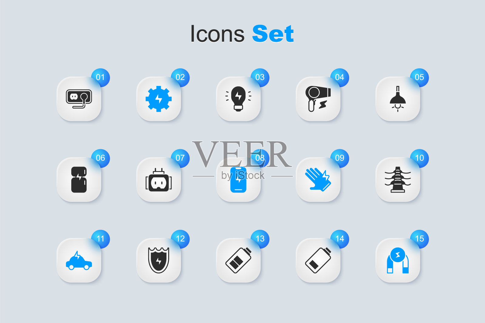 集电池充电，三通插头电，齿轮和闪电，电动汽车，磁铁，塔线，电源插座和手机图标。向量插画图片素材