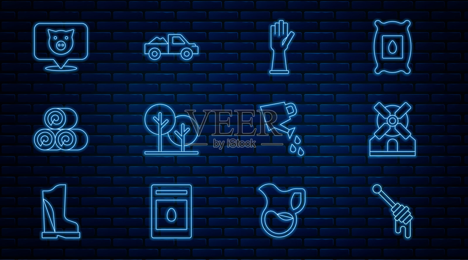 设线蜂蜜勺棒，风车，橡胶手套，树，干草卷，猪，喷水壶和皮卡图标。向量插画图片素材