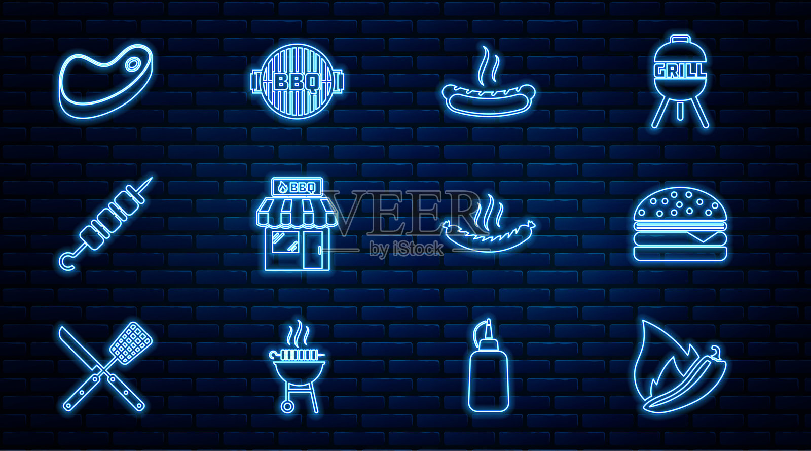 设线热辣椒辣椒荚，汉堡，热狗三明治，烧烤购物大楼，烤羊肉串，牛排肉，香肠和烧烤图标。向量插画图片素材