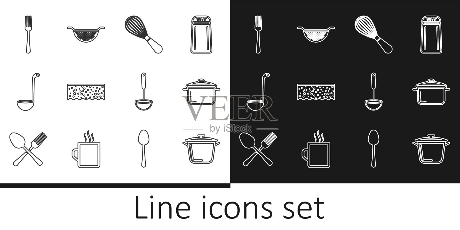 设定线烹饪锅，厨房打蛋器，海绵与泡沫，勺子，叉子，和漏勺图标。向量插画图片素材