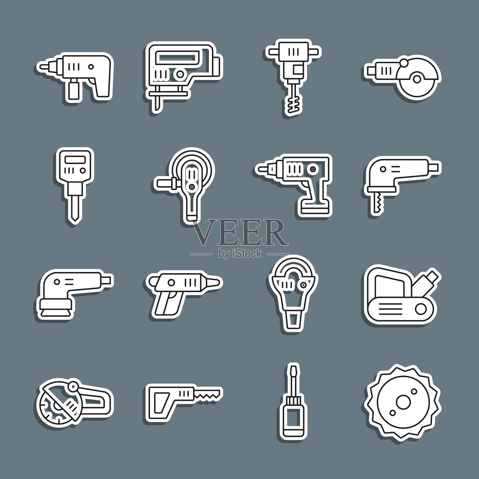 成套生产线圆锯片，电动刨工具，拼图，电动手动混凝土搅拌机，角磨机，施工手提钻，钻机和无绳螺丝刀图标。向量插画图片素材