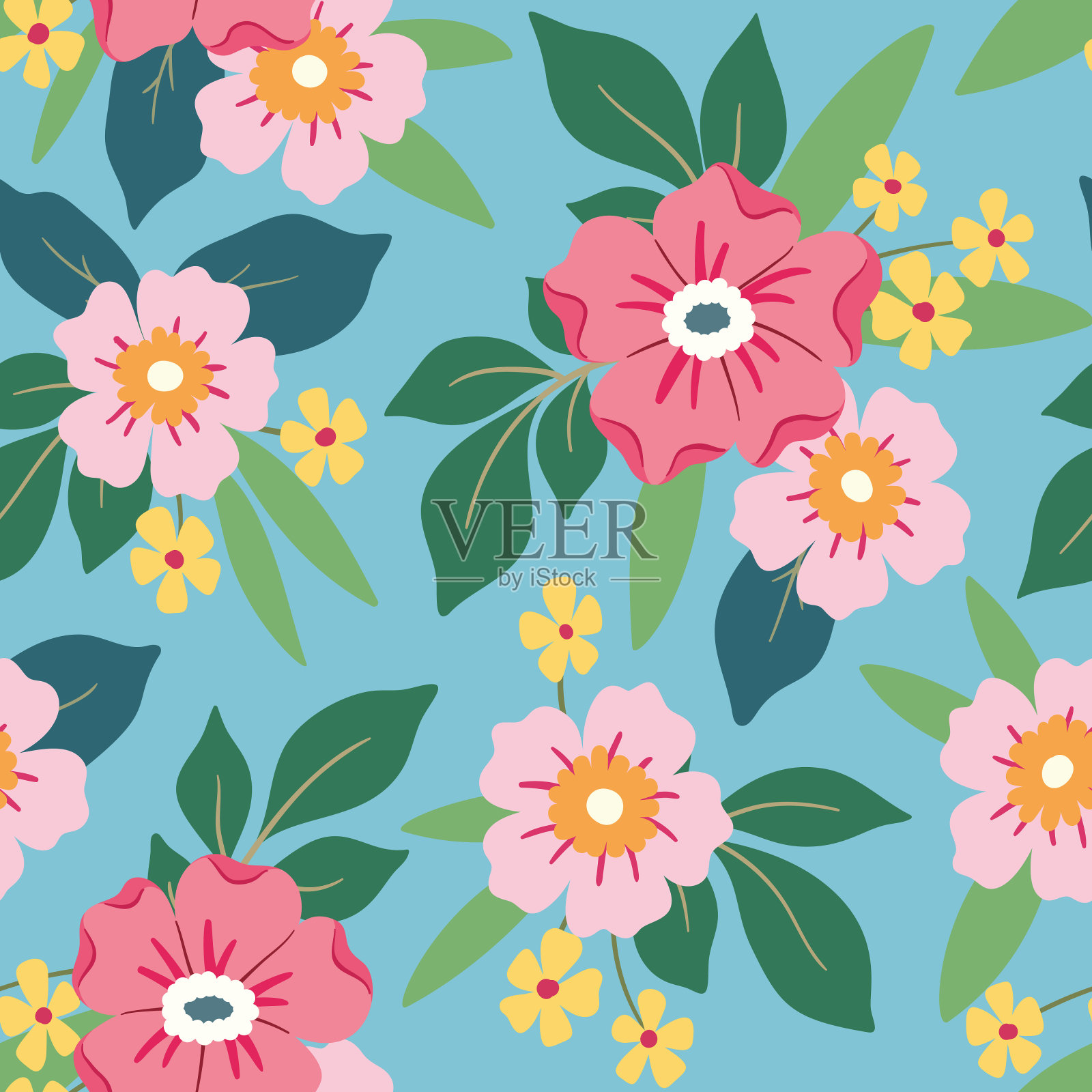 无缝的花卉图案，可爱的小花印花，叶子上的蓝色。矢量插图。插画图片素材