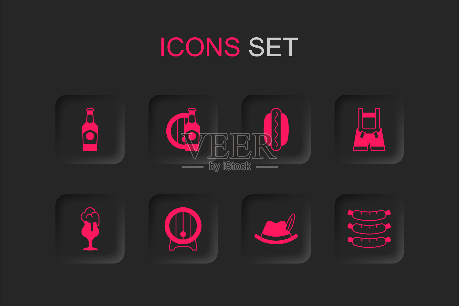 设置木桶架，啤酒瓶和木制，啤酒节帽子，皮短裤，香肠，热狗三明治和啤酒图标的玻璃。向量插画图片素材