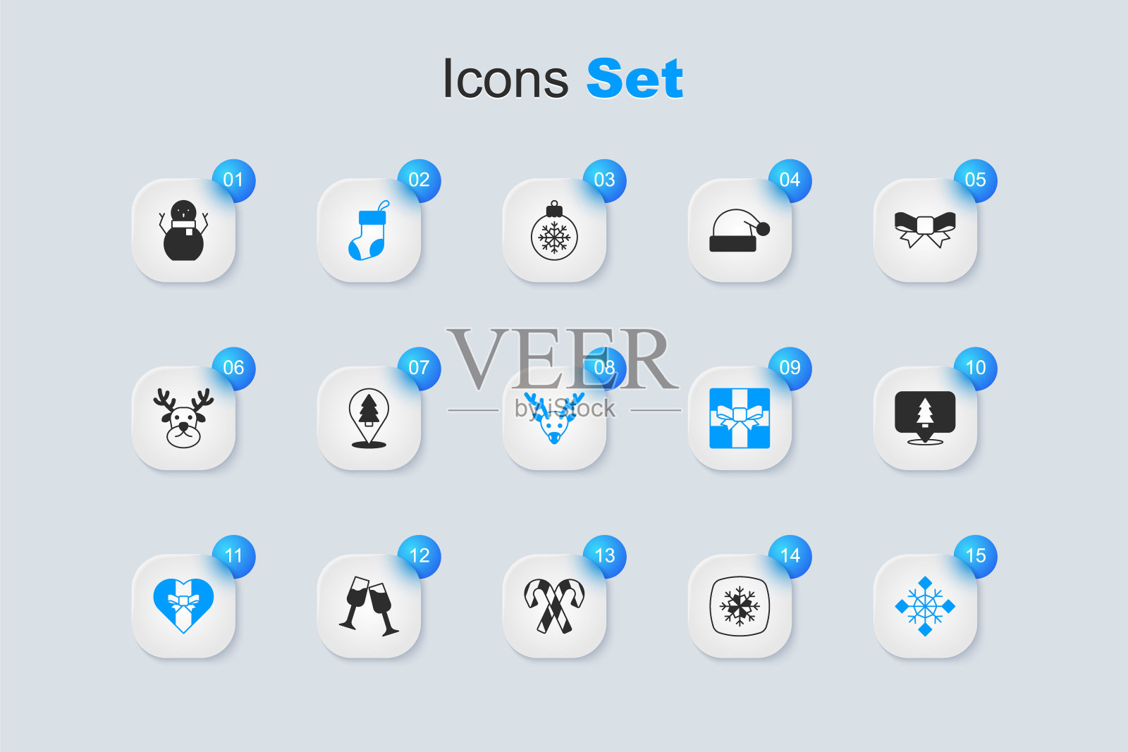 集雪花，圣诞树，长袜，礼品盒，雪人和驯鹿图标。向量插画图片素材
