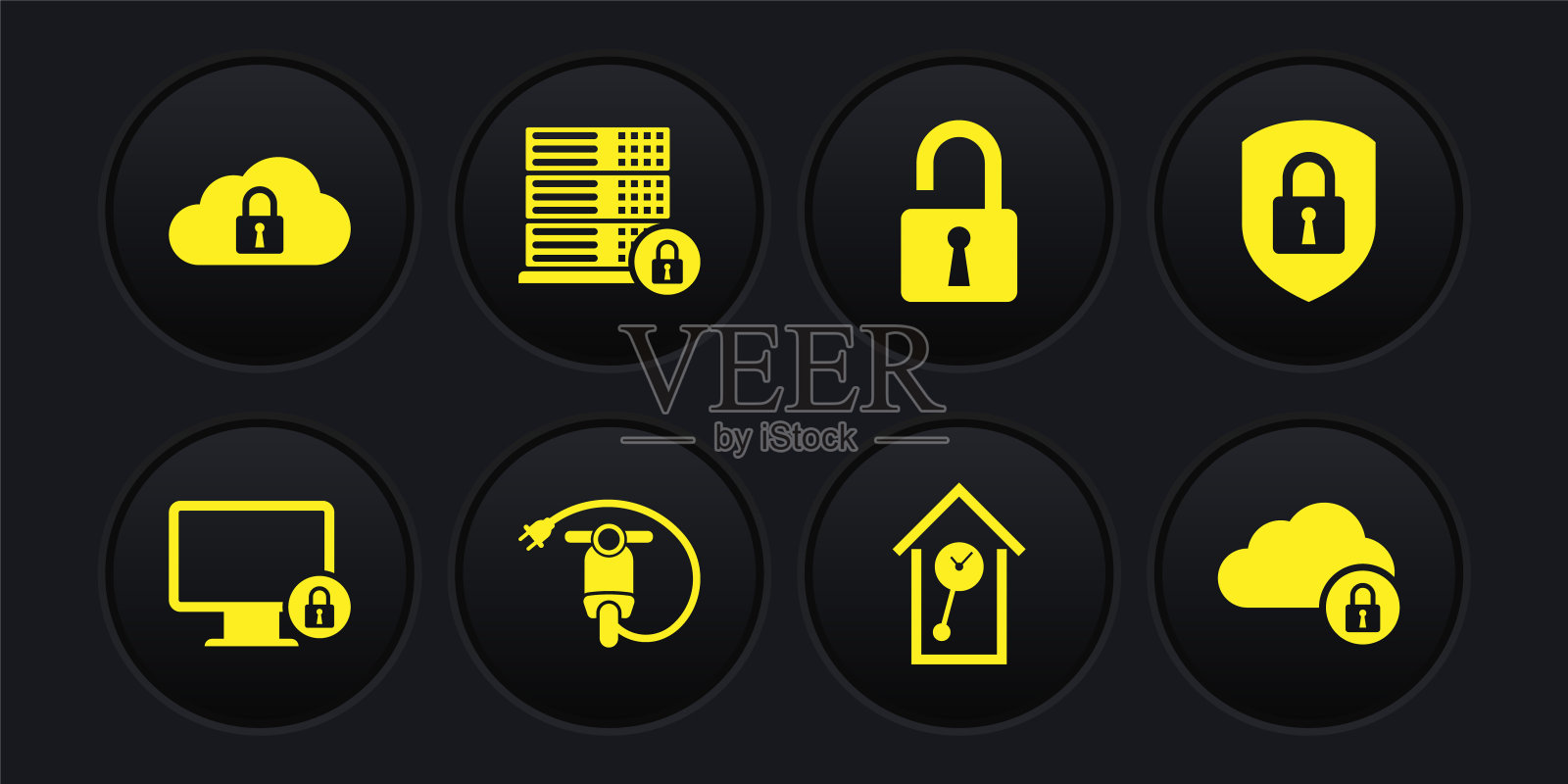 设置锁定监视器，屏蔽安全锁，电动滑板车，复古墙手表，打开挂锁和服务器图标。向量插画图片素材