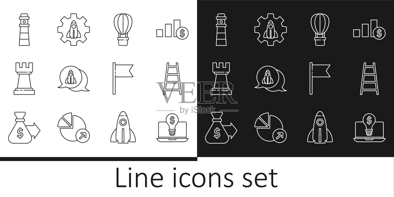 设置线灯泡与笔记本电脑上的美元，楼梯完成旗，热气球，启动项目的概念，国际象棋，灯塔，位置标记和图标。向量插画图片素材