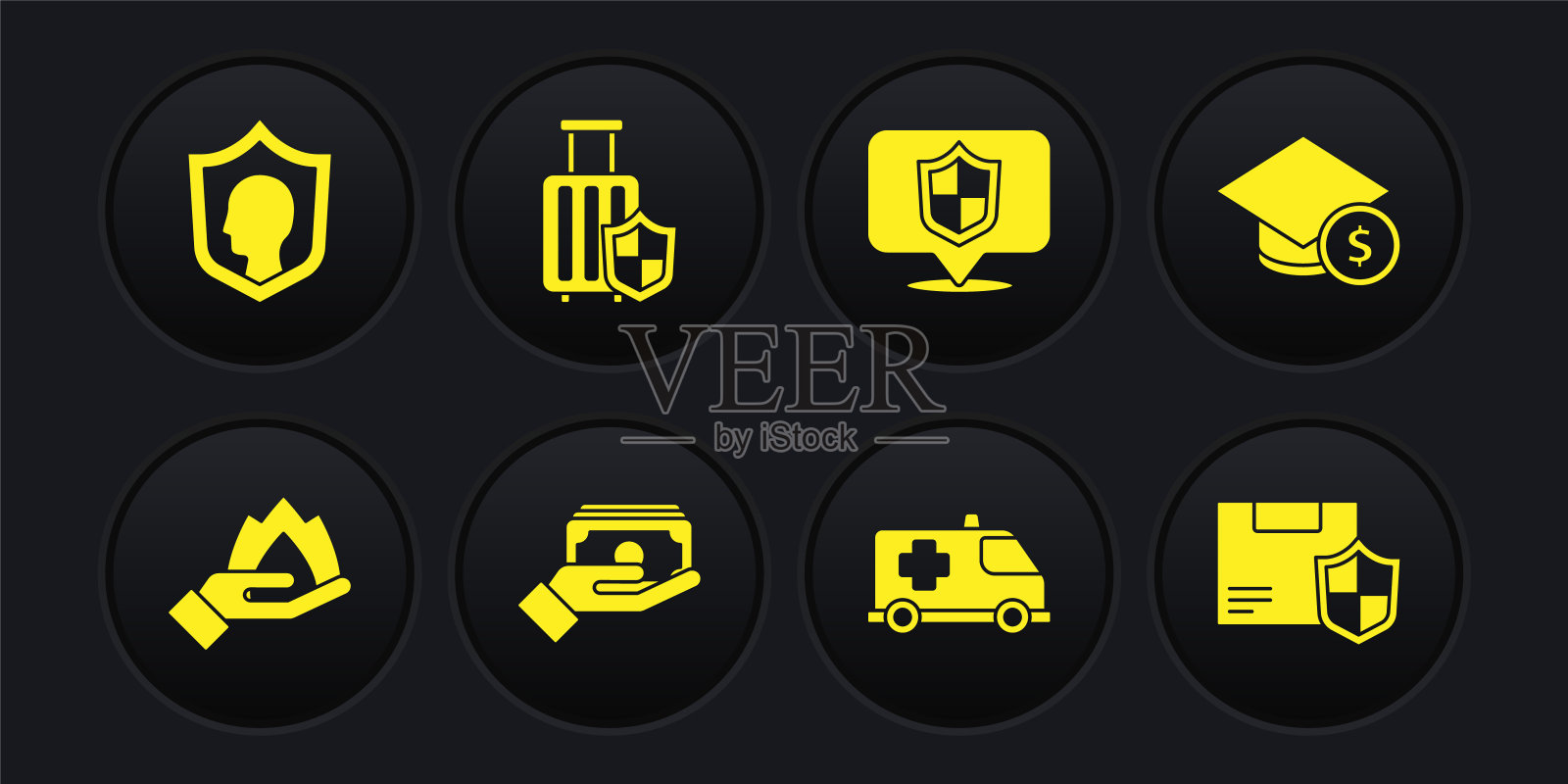 集手握火，毕业帽硬币，堆纸币现金，应急车，位置盾牌，旅行箱与，交付安全和人寿保险图标。向量插画图片素材