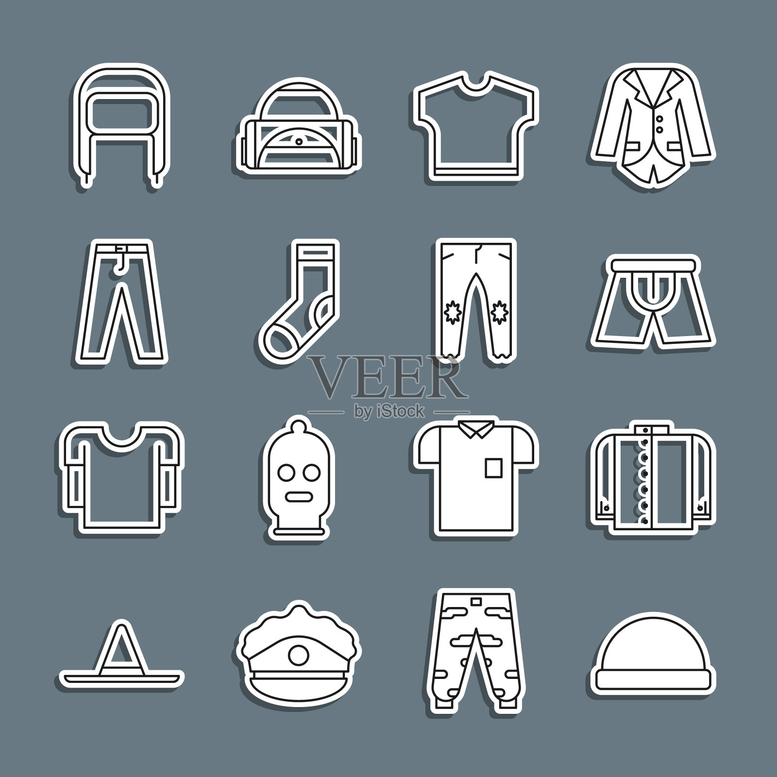 集线豆帽，t恤，男子内裤，袜子，裤子，冬天与耳皮瓣和图标。向量插画图片素材