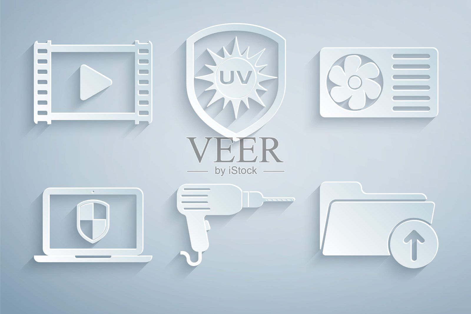 设置钻机，空调，带屏蔽的笔记本电脑，下载箭头文件夹，紫外线防护和播放视频图标。向量插画图片素材