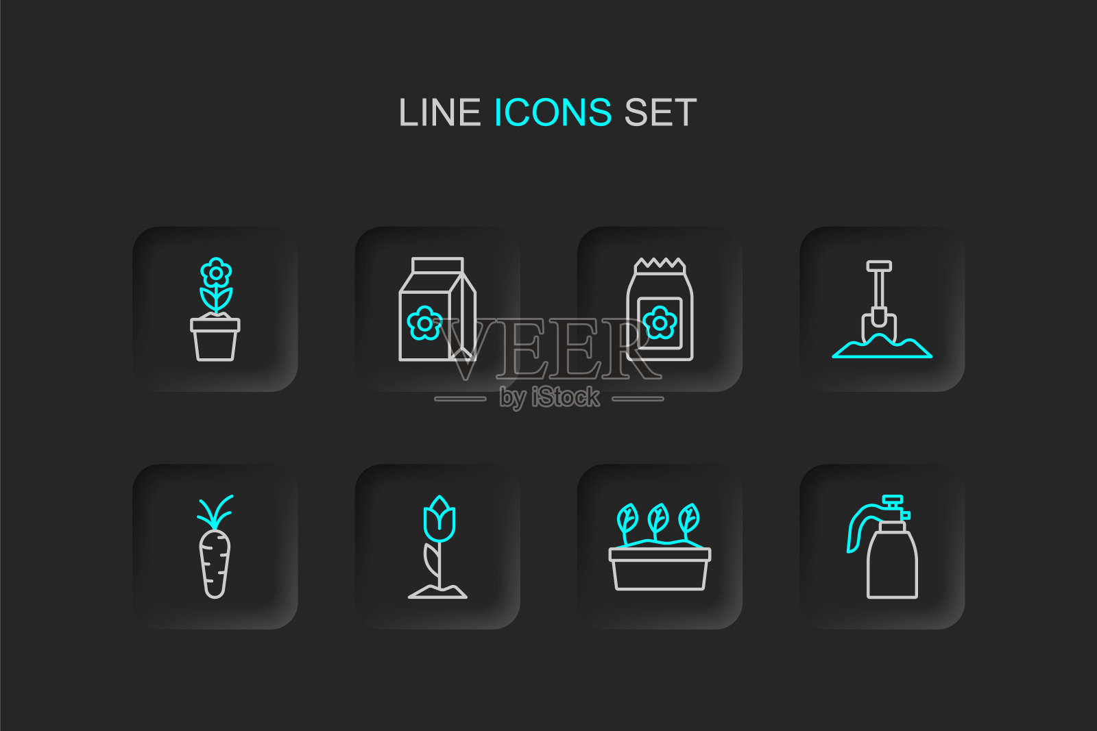 设置线花园喷雾器的水，植物在花盆，花郁金香，胡萝卜，铲，包满种子，和图标。向量插画图片素材