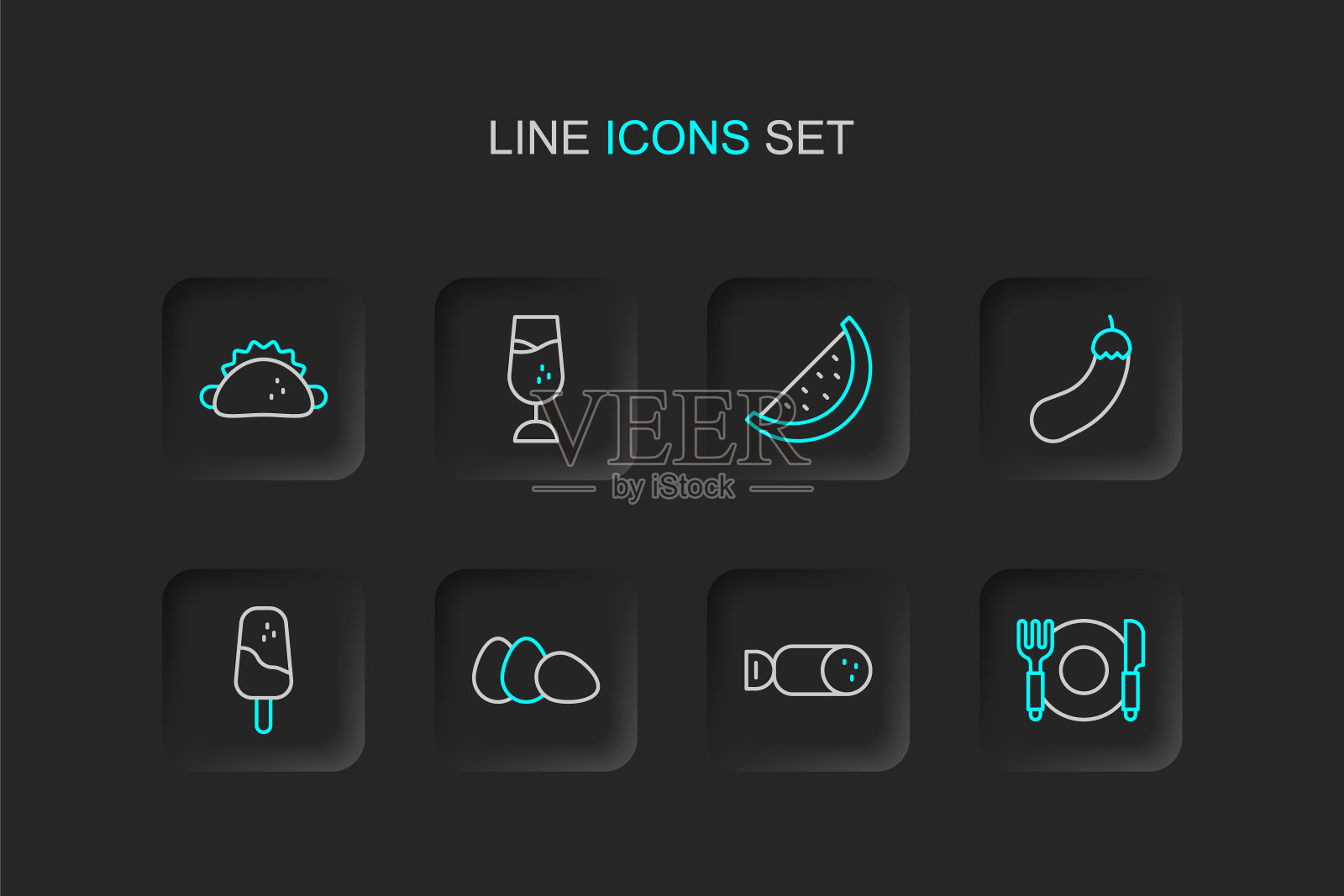 餐盘，刀叉，意大利腊肠，鸡蛋，冰淇淋，茄子，西瓜，酒杯和墨西哥玉米饼图标。向量插画图片素材