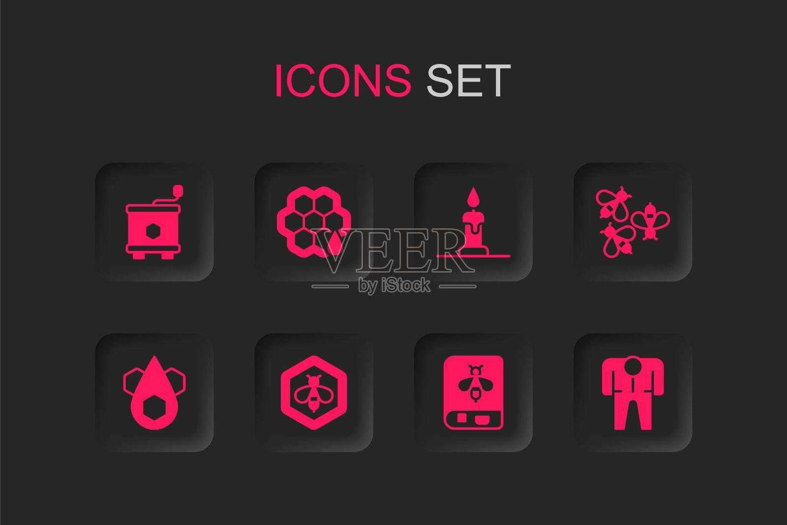 集蜜蜂和蜂巢，蜂巢，提取器，书关于蜜蜂，蜜蜂，养蜂人服装，燃烧的蜡烛和图标。向量插画图片素材