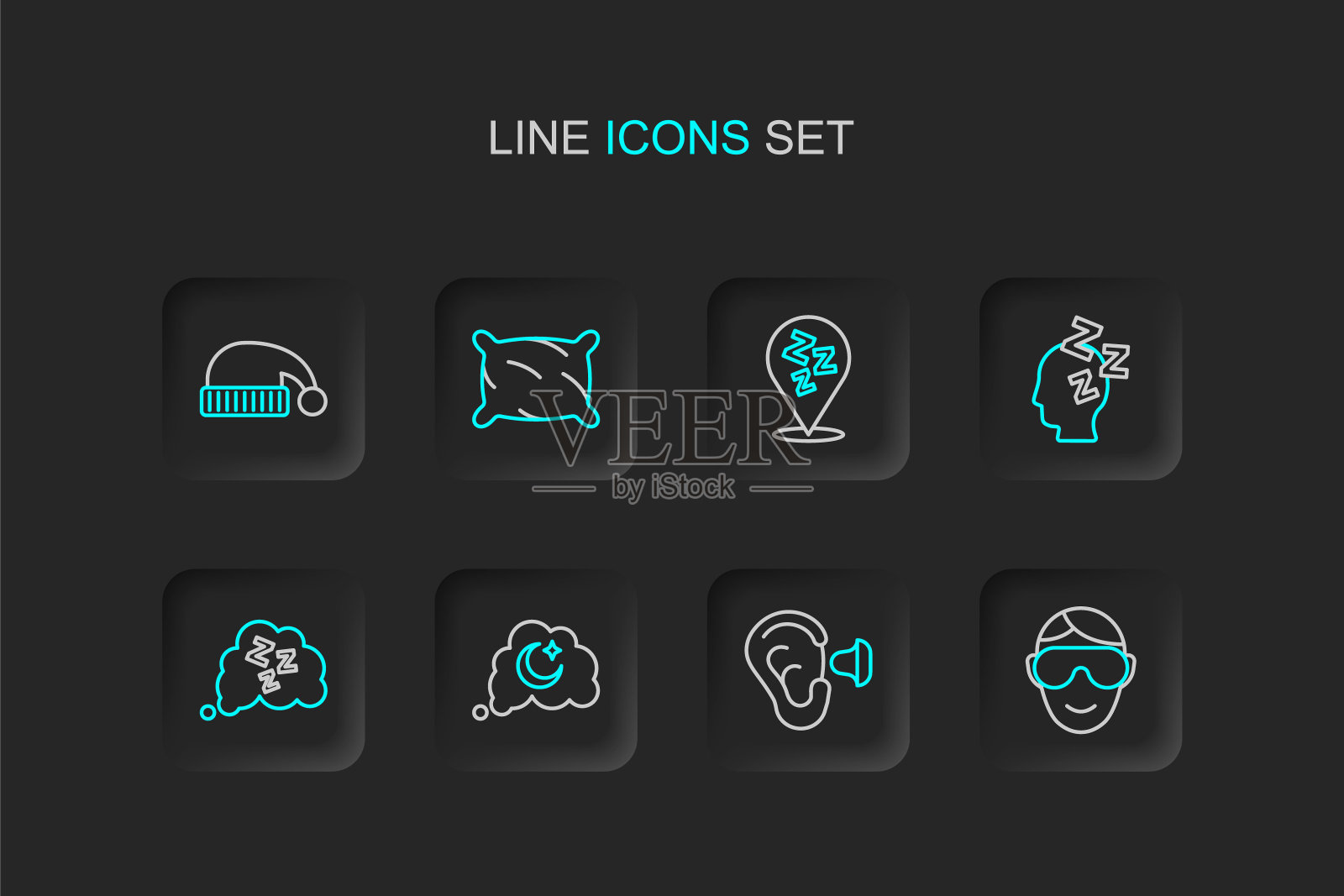 设置线眼睛睡眠面膜，耳塞和耳朵，梦想，困倦，枕头和睡眠帽图标。向量插画图片素材