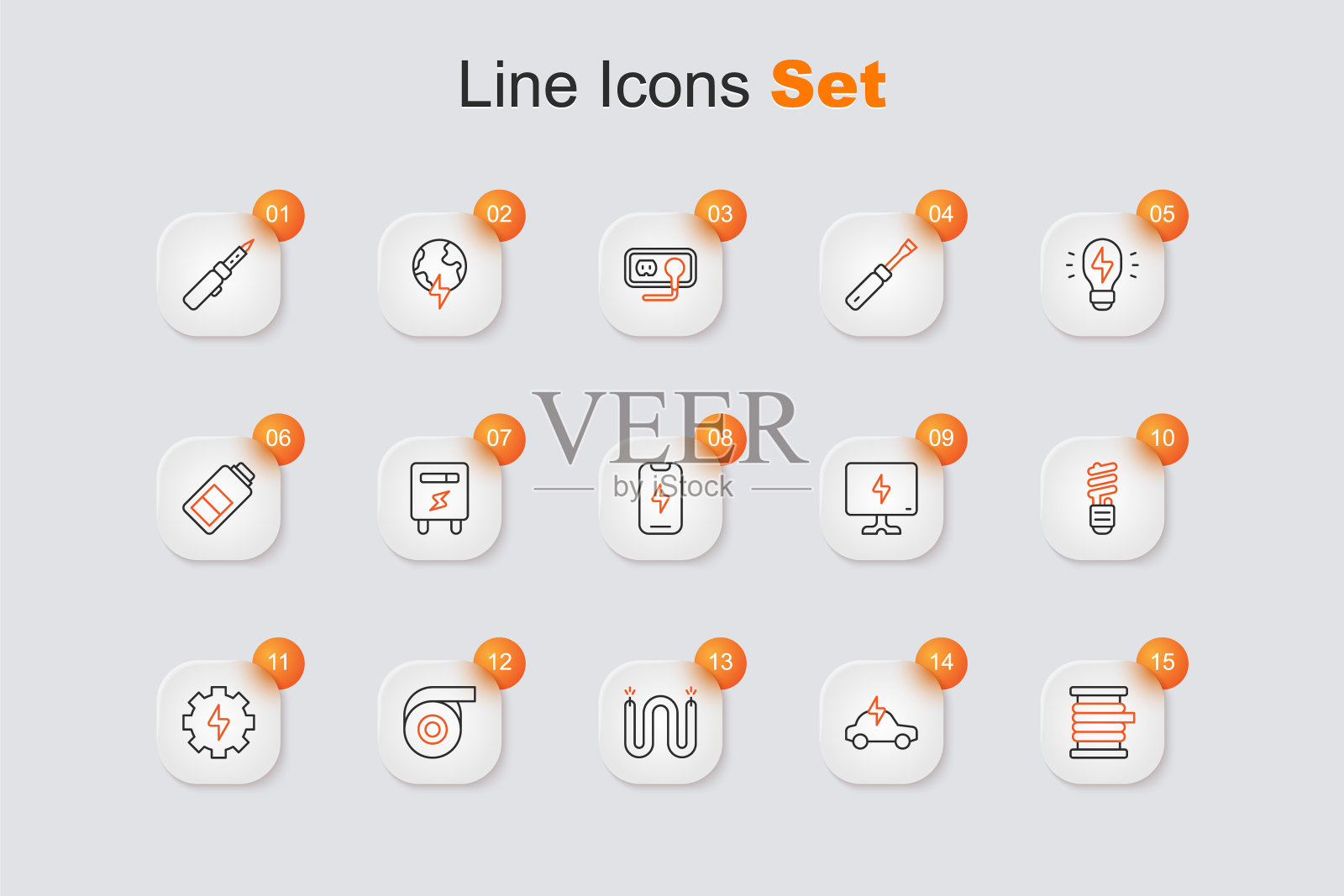 设线线:卷轴上的电线电缆，电动汽车，卷筒胶带，齿轮和闪电，LED灯泡，智能电视和手机图标。向量插画图片素材