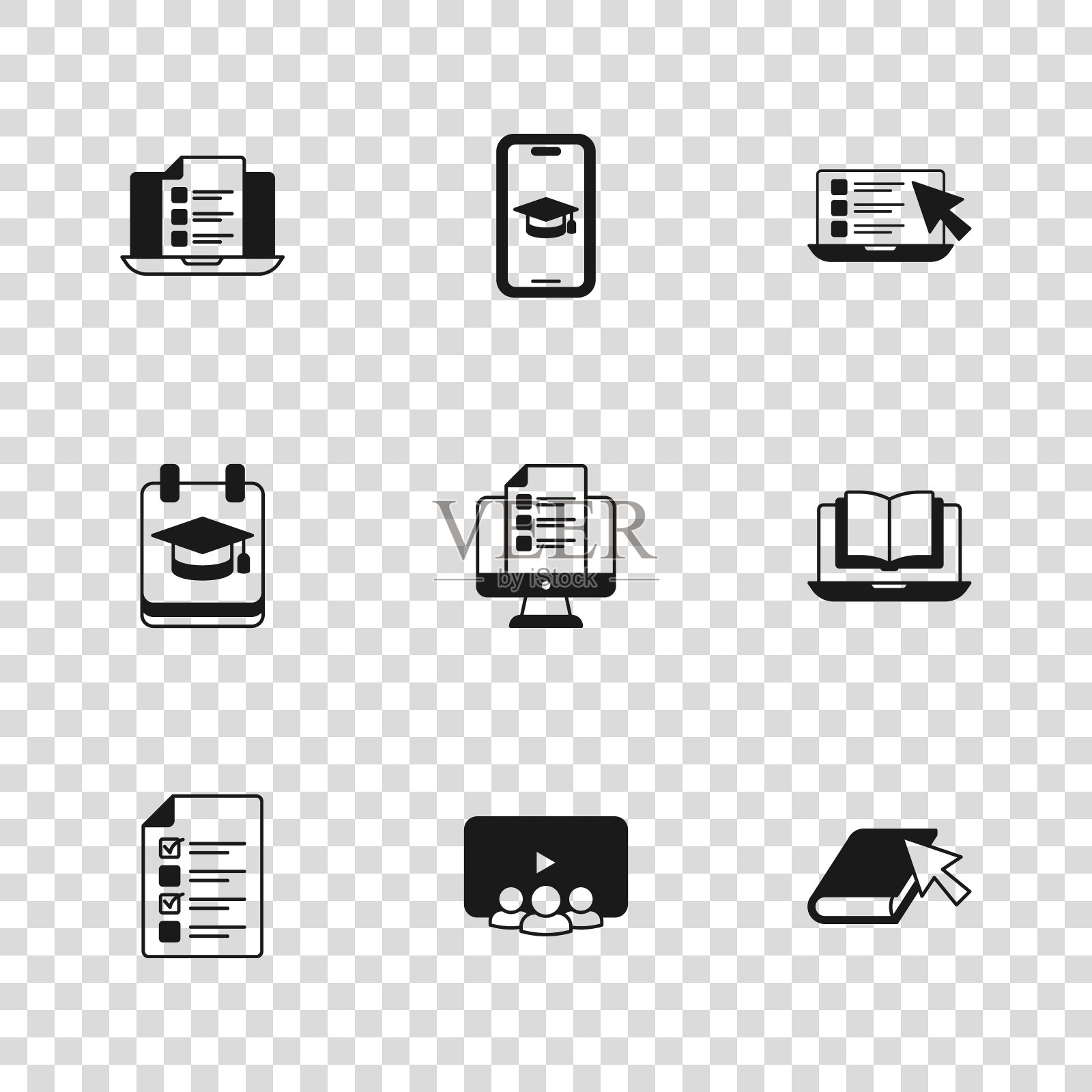 设置在线课程，书籍，测验，测试，调查，毕业帽在手机上和教育图标。向量插画图片素材