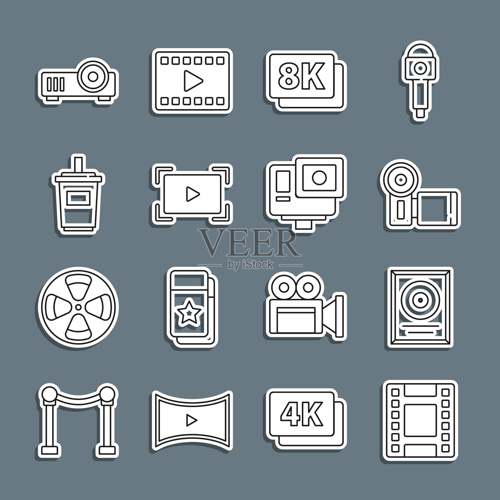 设置线播放视频，CD光盘奖在框架，电影摄像机，8k超高清，在线播放视频，纸玻璃与水，媒体投影仪和行动极端图标。向量插画图片素材