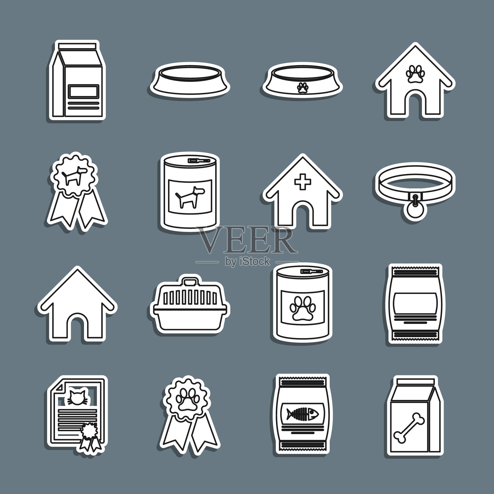 宠物食品袋，项圈，宠物碗，狗罐头，狗奖励标志，兽医医院标志。向量插画图片素材