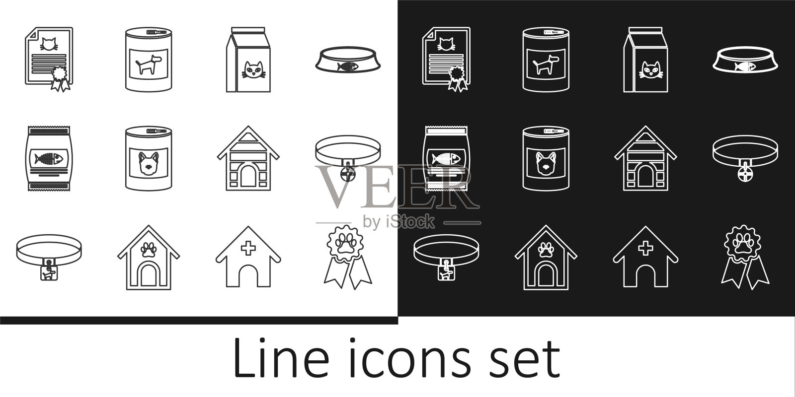 设置线宠物奖励标志，项圈与名牌，袋装食品的猫，罐头狗，证书，狗屋和图标。向量插画图片素材