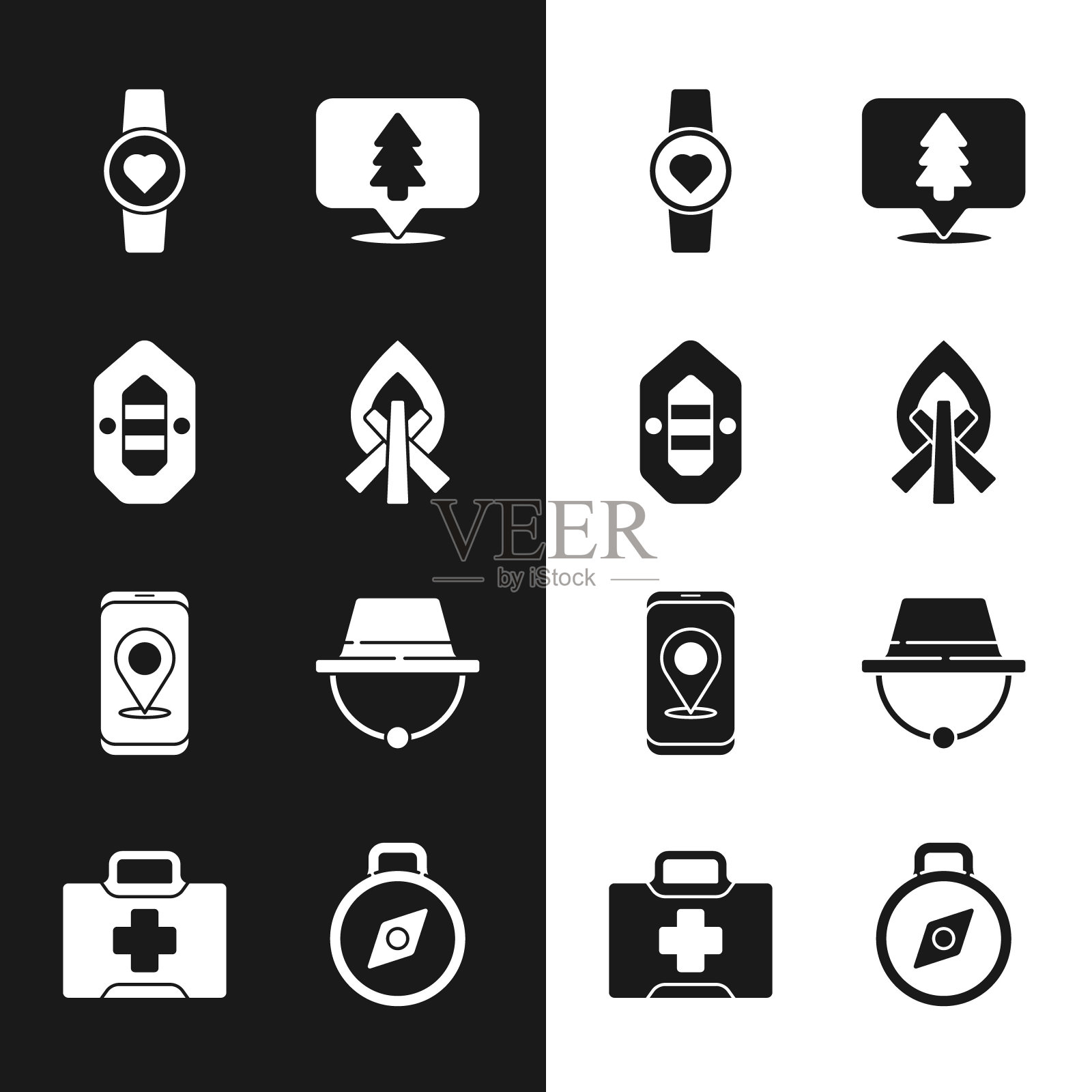 设置营火，漂流船，智能手表显示心率，森林的位置，城市地图导航，野营帽，指南针和急救箱图标。向量插画图片素材