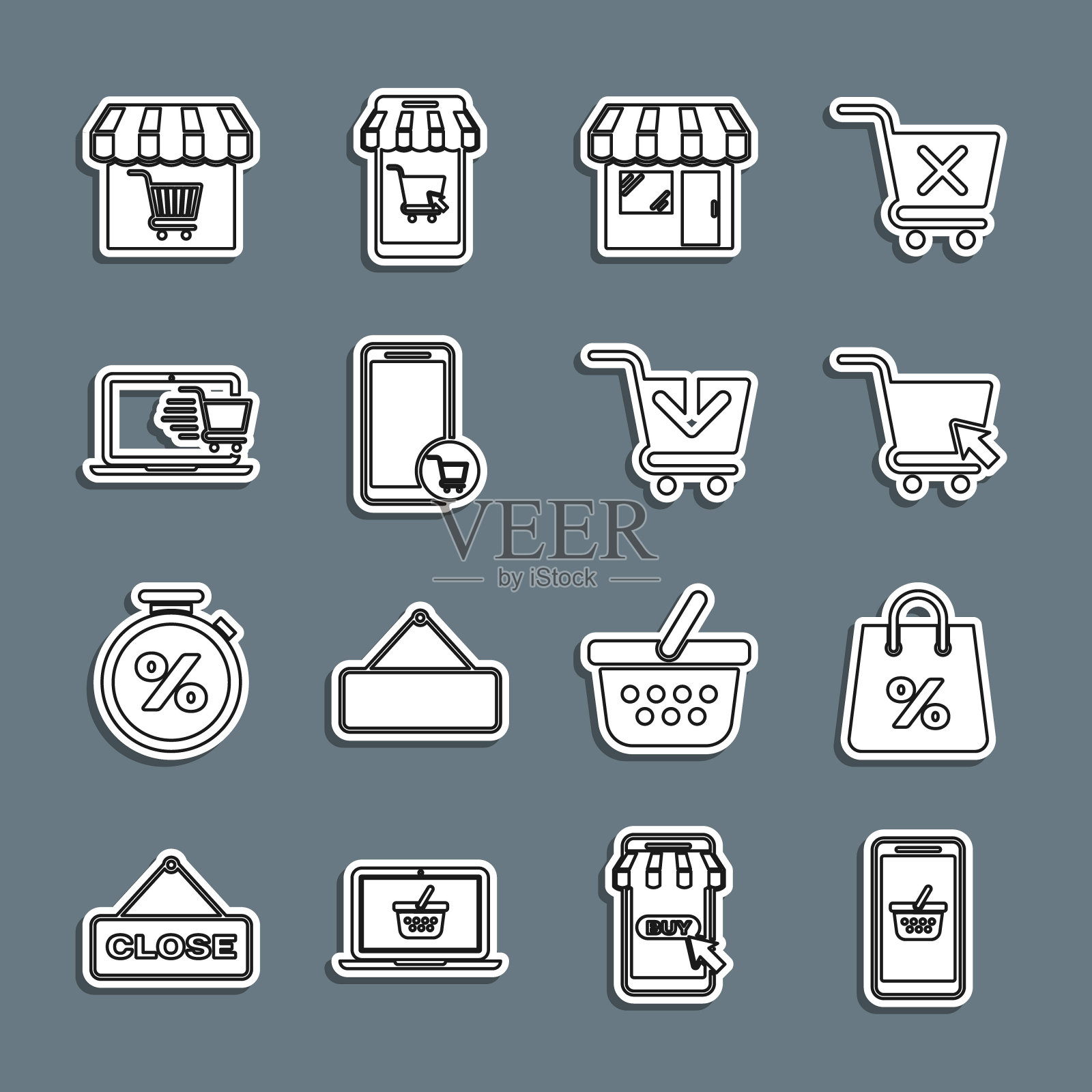 设置线手机和购物篮，购物袋的百分比，购物车光标，市场商店，在笔记本电脑上，并添加图标。向量插画图片素材