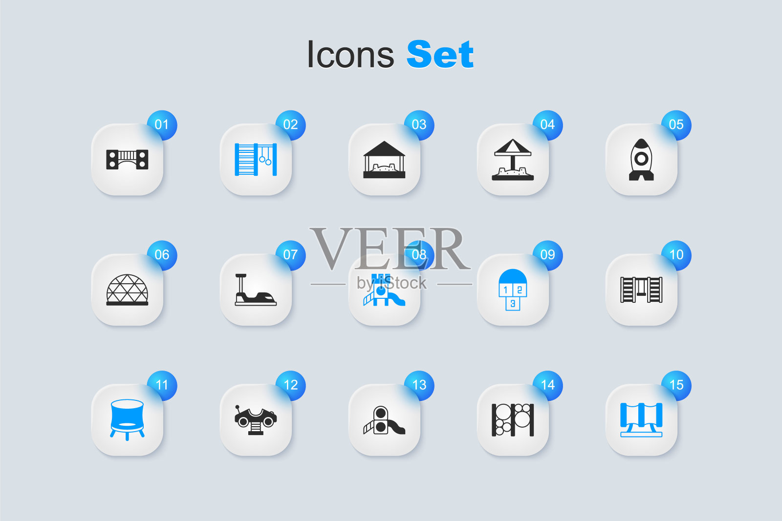 集游乐场攀爬设备、碰碰车、瑞典墙、跳跃蹦床、儿童游乐场滑梯管、儿童桥和滑梯图标。向量插画图片素材