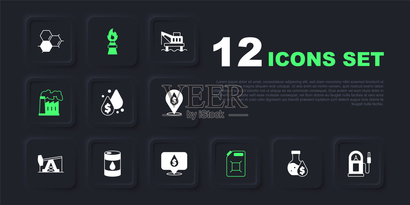 集石油汽油试管，汽油或加油站，下降与美元符号，罐汽油，和工业工厂，桶油，钻机火和图标。向量插画图片素材