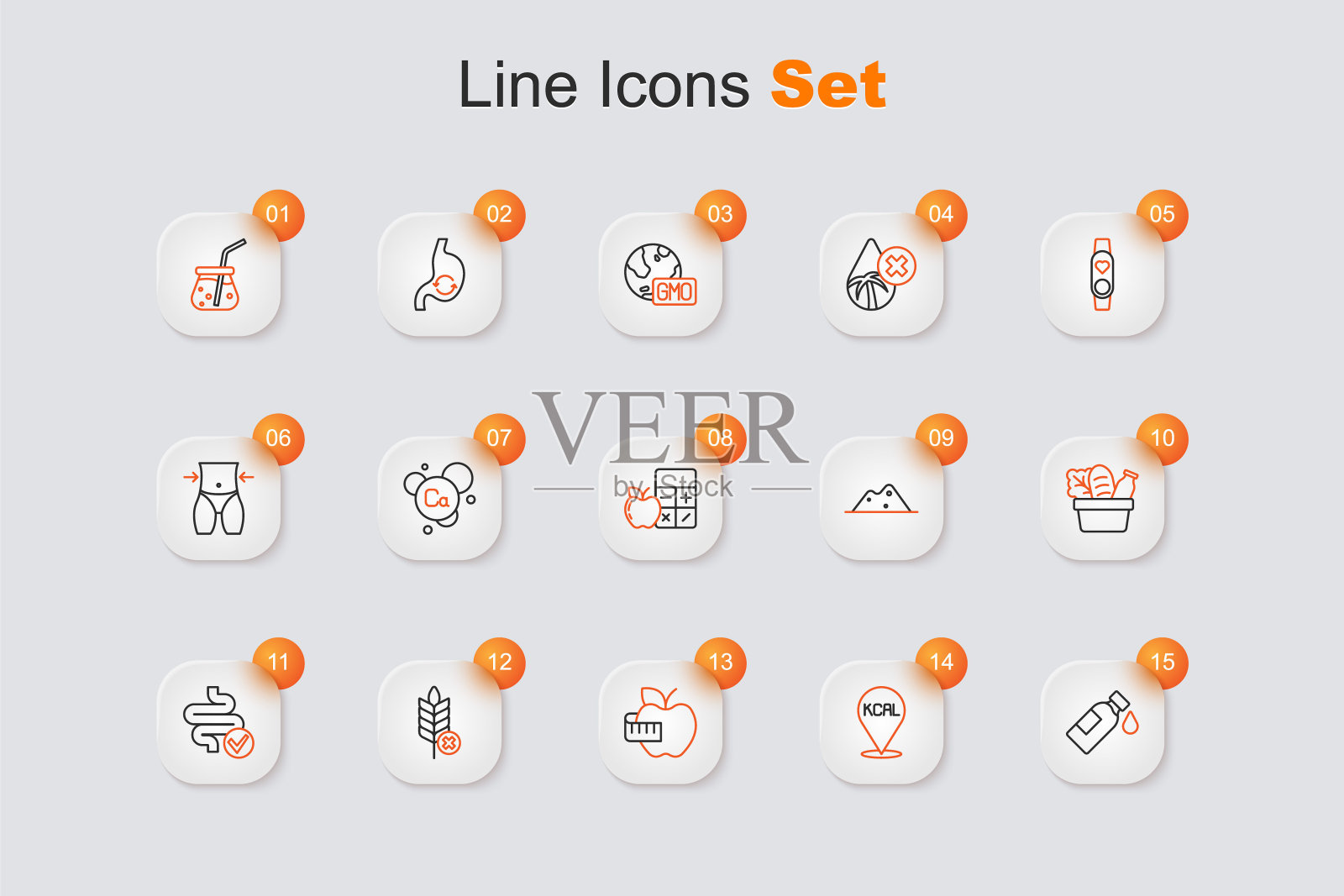 设置线瓶装水，千卡，苹果和卷尺，无麸质谷物，肠，购物袋食品，盐和卡路里计算器图标。向量插画图片素材