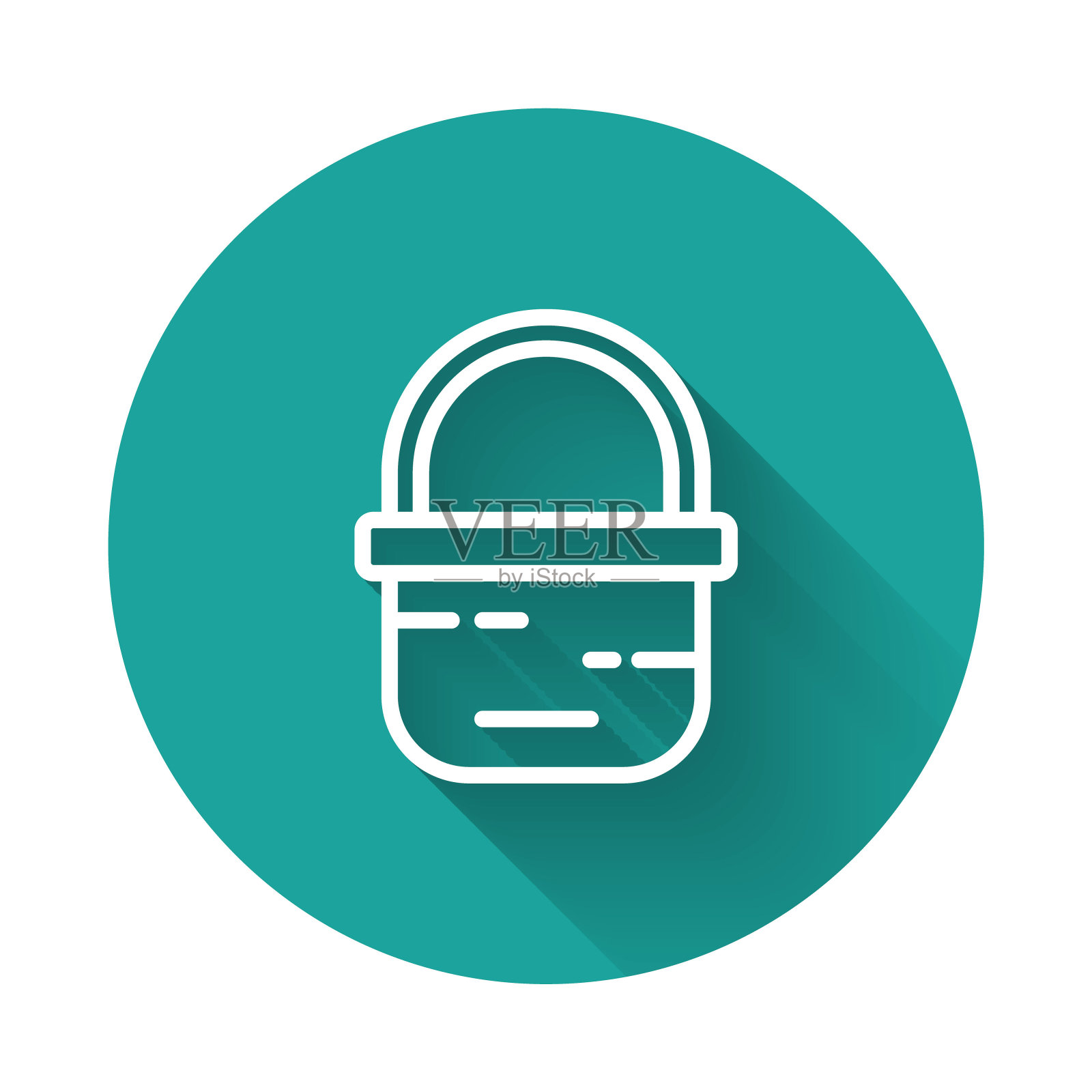 白线篮子图标与长阴影背景隔离。网上购物的概念。送货服务标志。购物车符号。绿色圆形按钮。向量插画图片素材