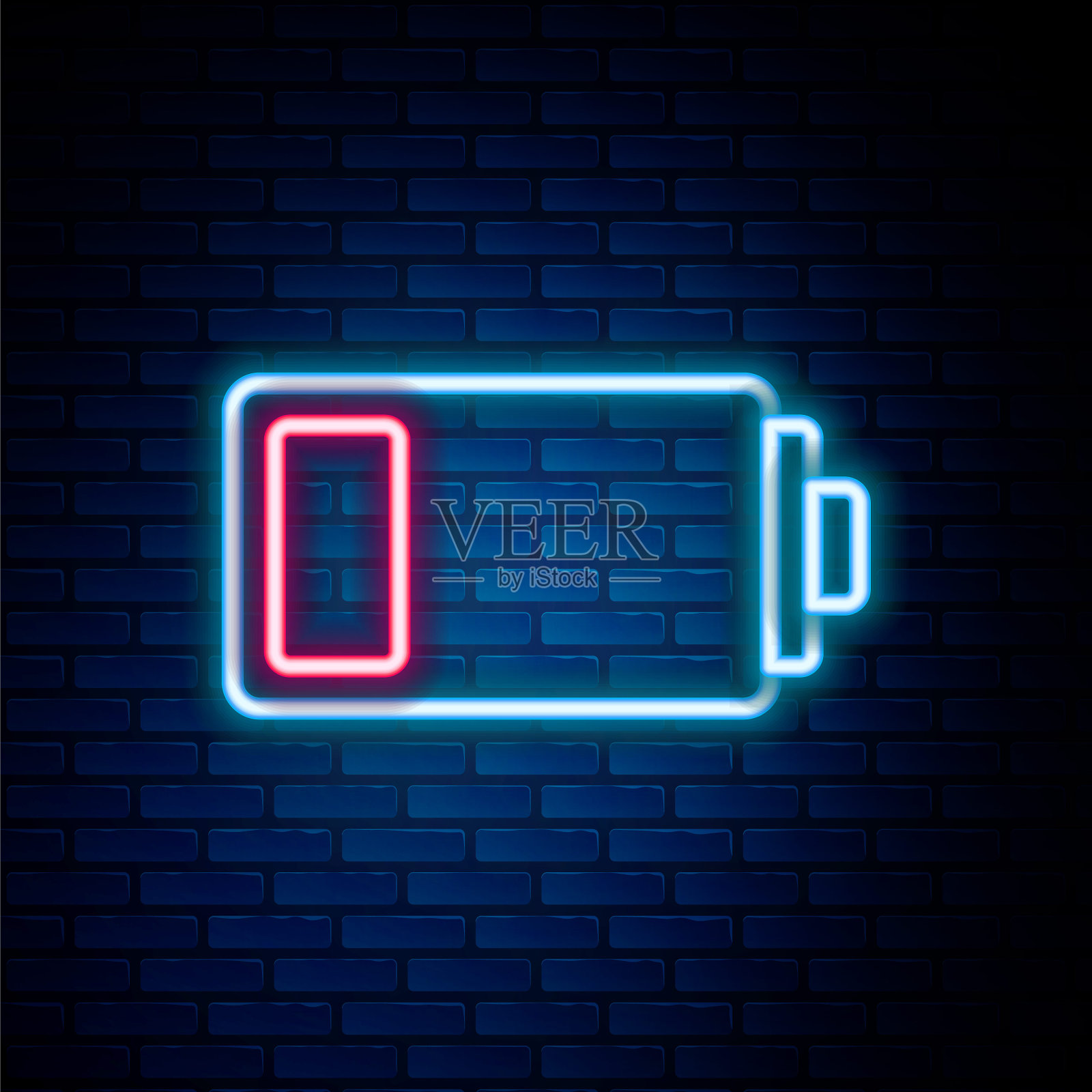 发光的霓虹灯线电池充电水平指示图标孤立的砖墙背景。色彩缤纷的轮廓概念。向量插画图片素材